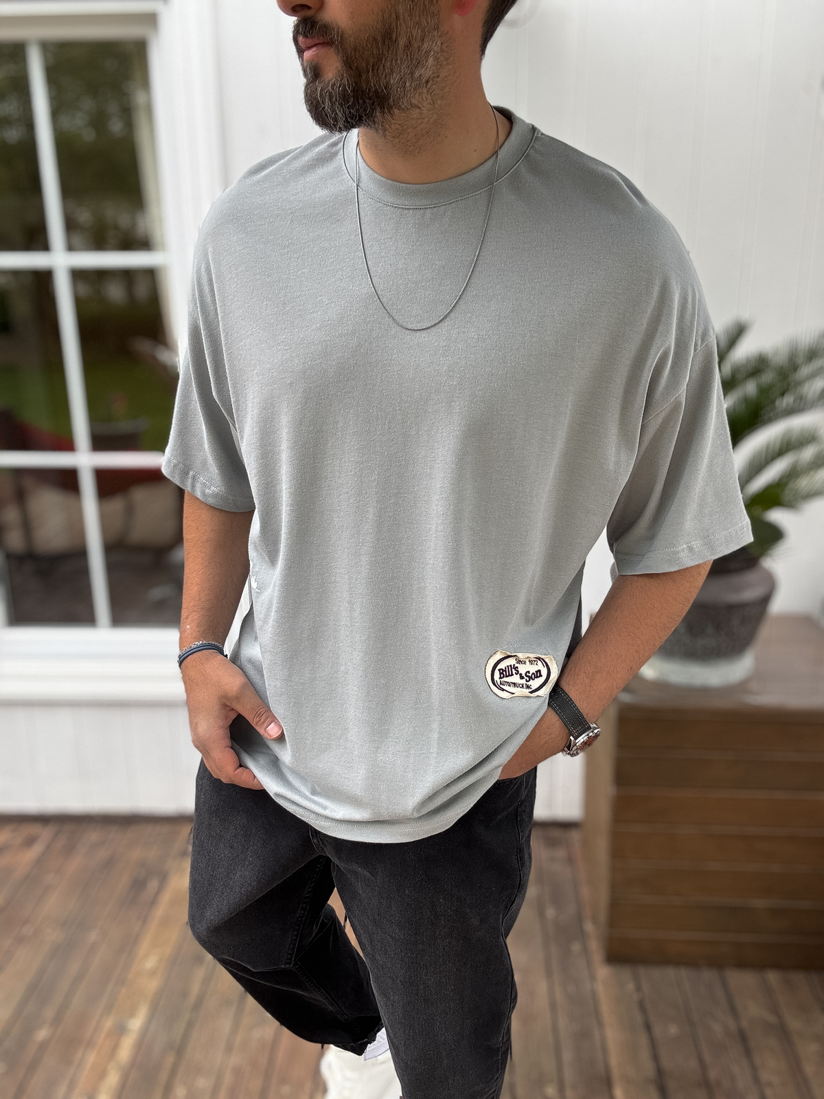 Gri Hasır Patchli Oversize T-Shirt JJ-11