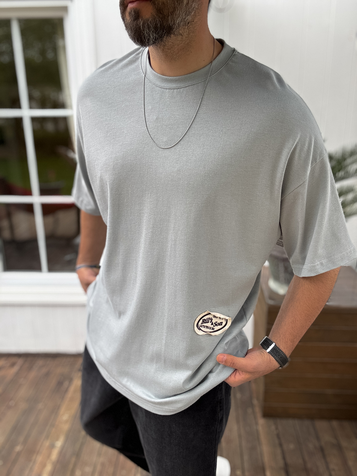 Gri Hasır Patchli Oversize T-Shirt JJ-11
