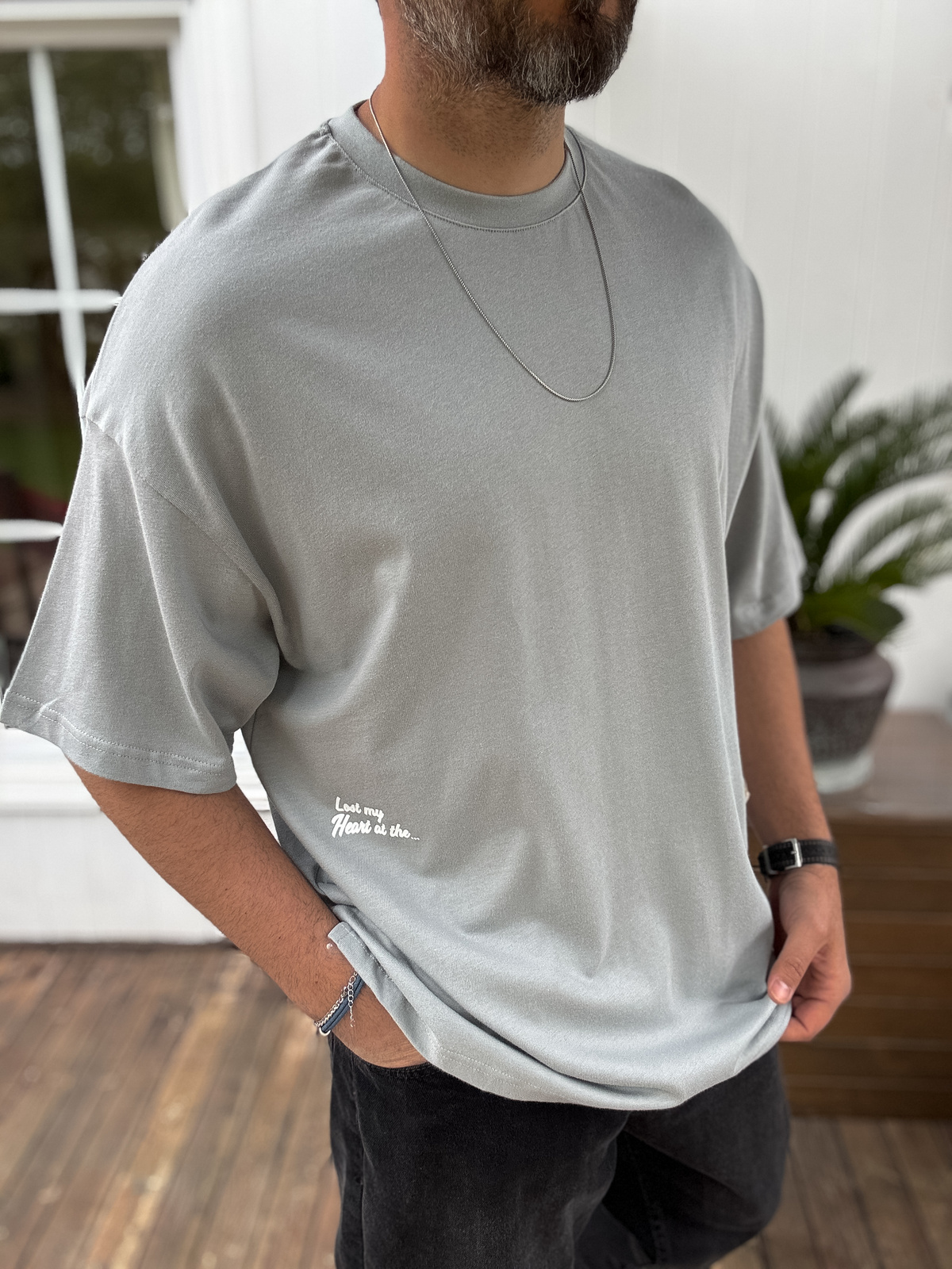 Gri Hasır Patchli Oversize T-Shirt JJ-11