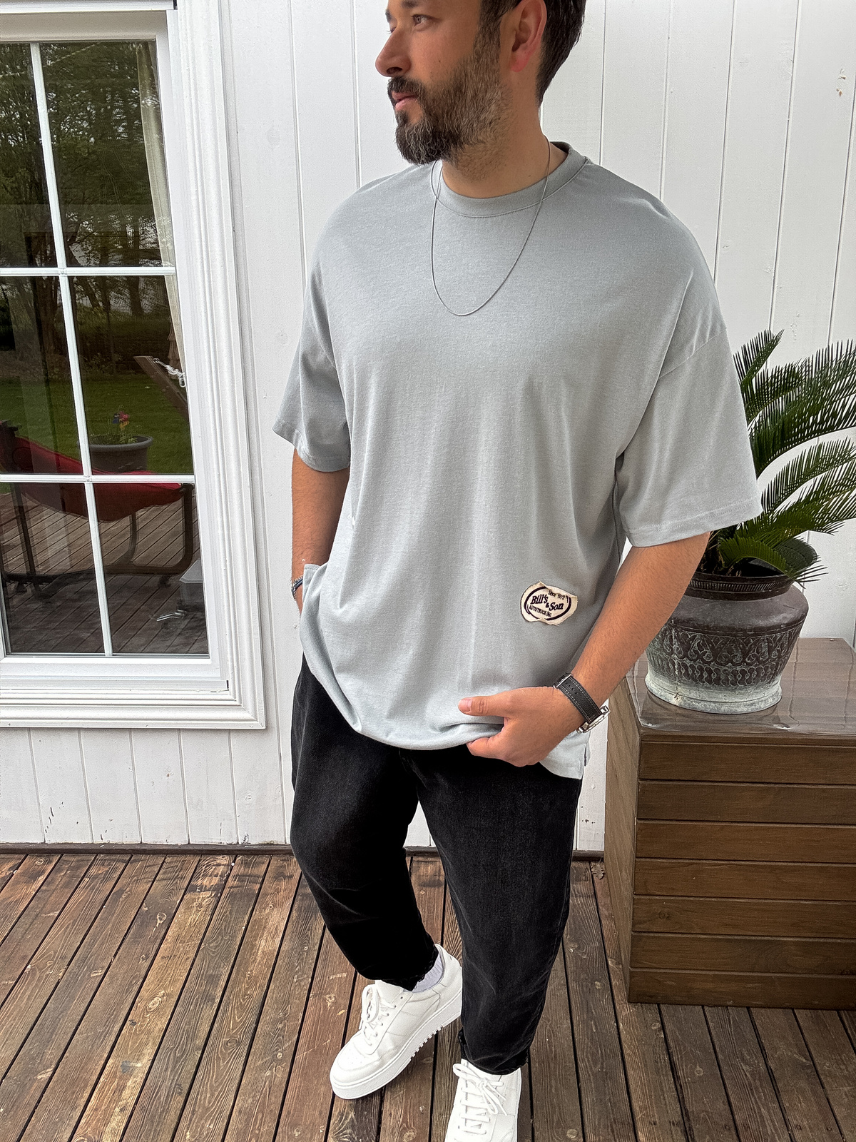 Gri Hasır Patchli Oversize T-Shirt JJ-11