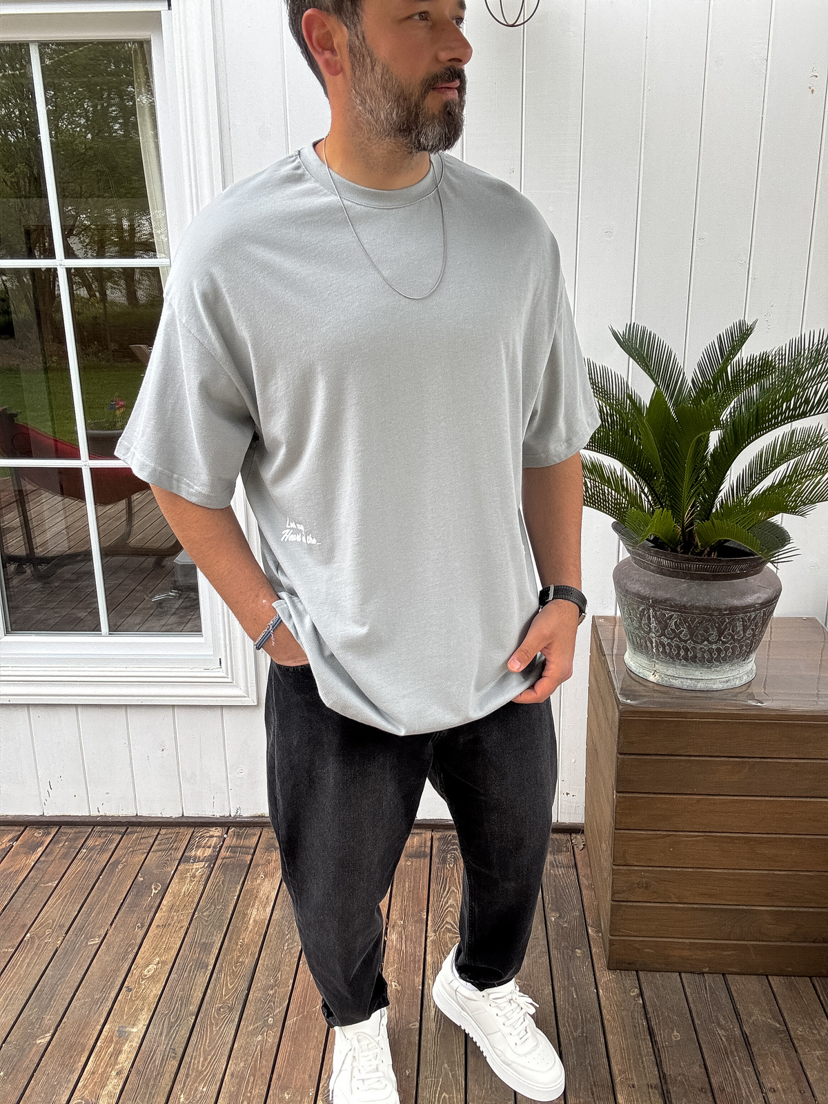 Gri Hasır Patchli Oversize T-Shirt JJ-11