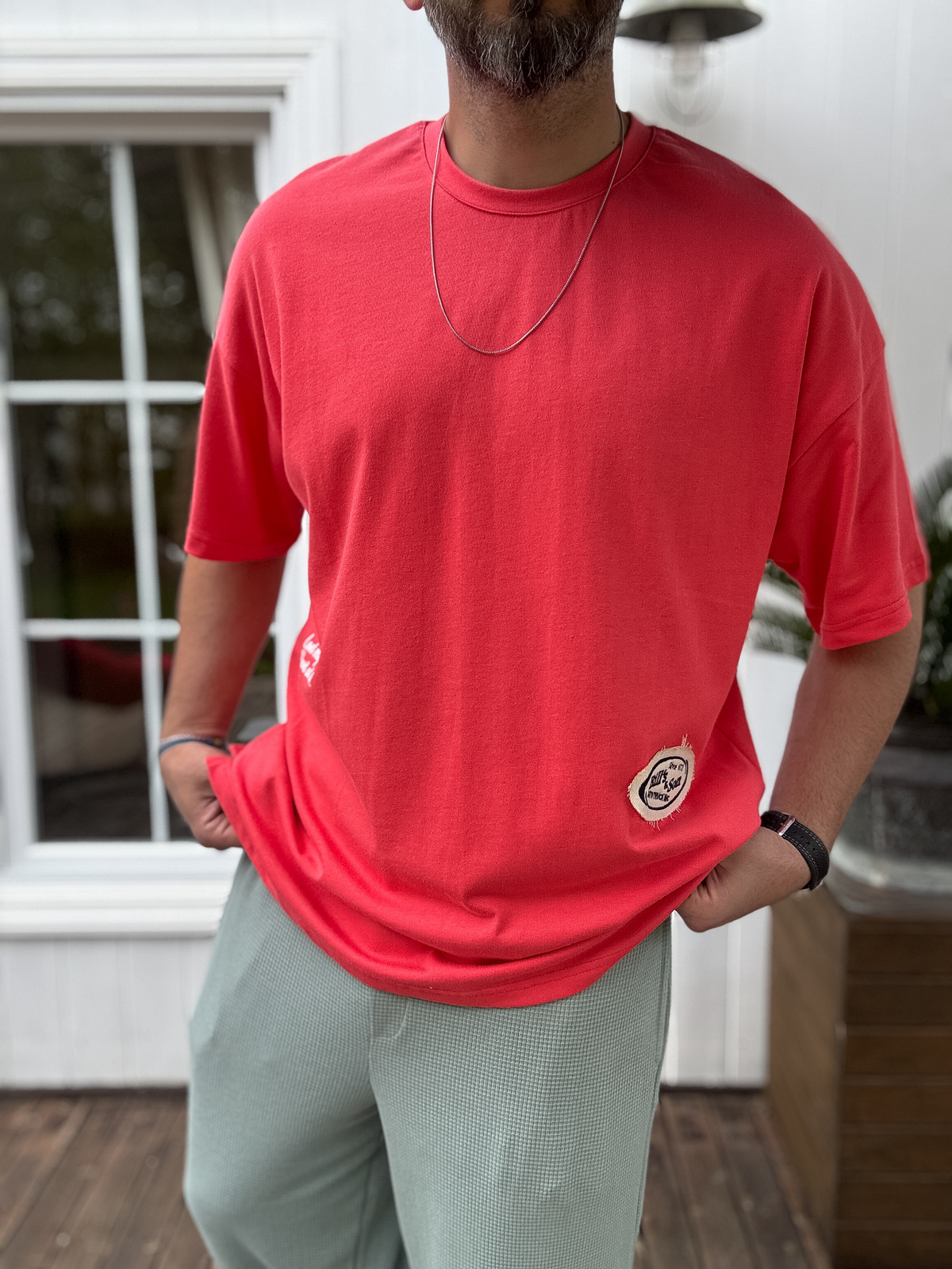 Nar Çiçeği Hasır Patchli Oversize T-Shirt JJ-11