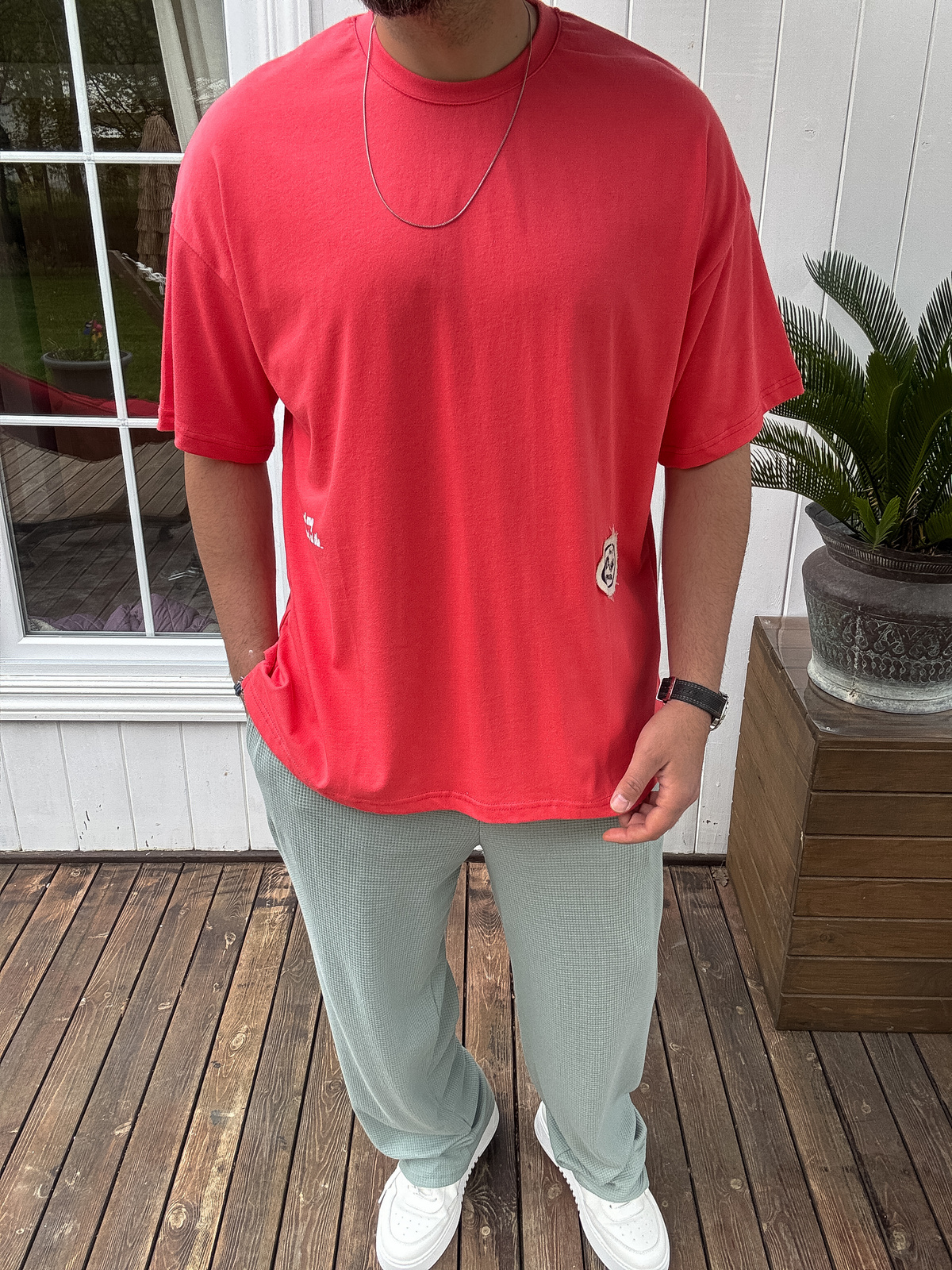 Nar Çiçeği Hasır Patchli Oversize T-Shirt JJ-11