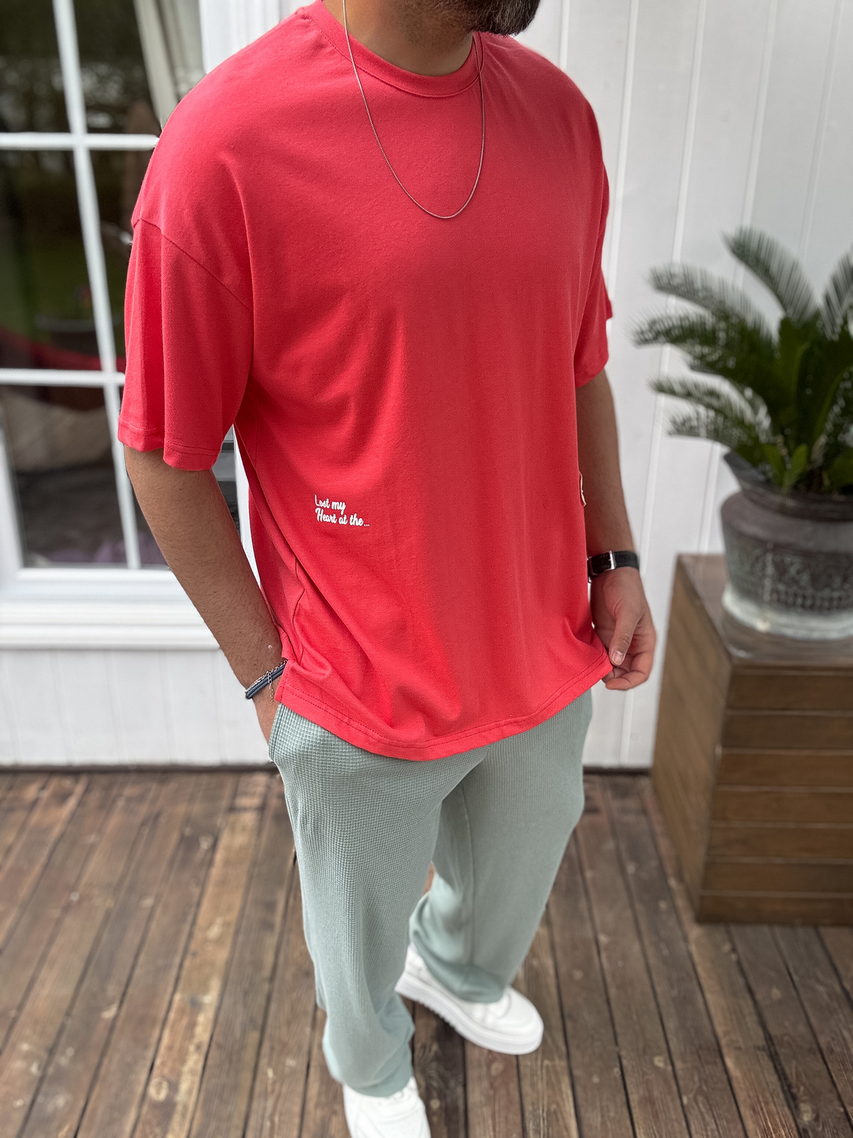 Nar Çiçeği Hasır Patchli Oversize T-Shirt JJ-11