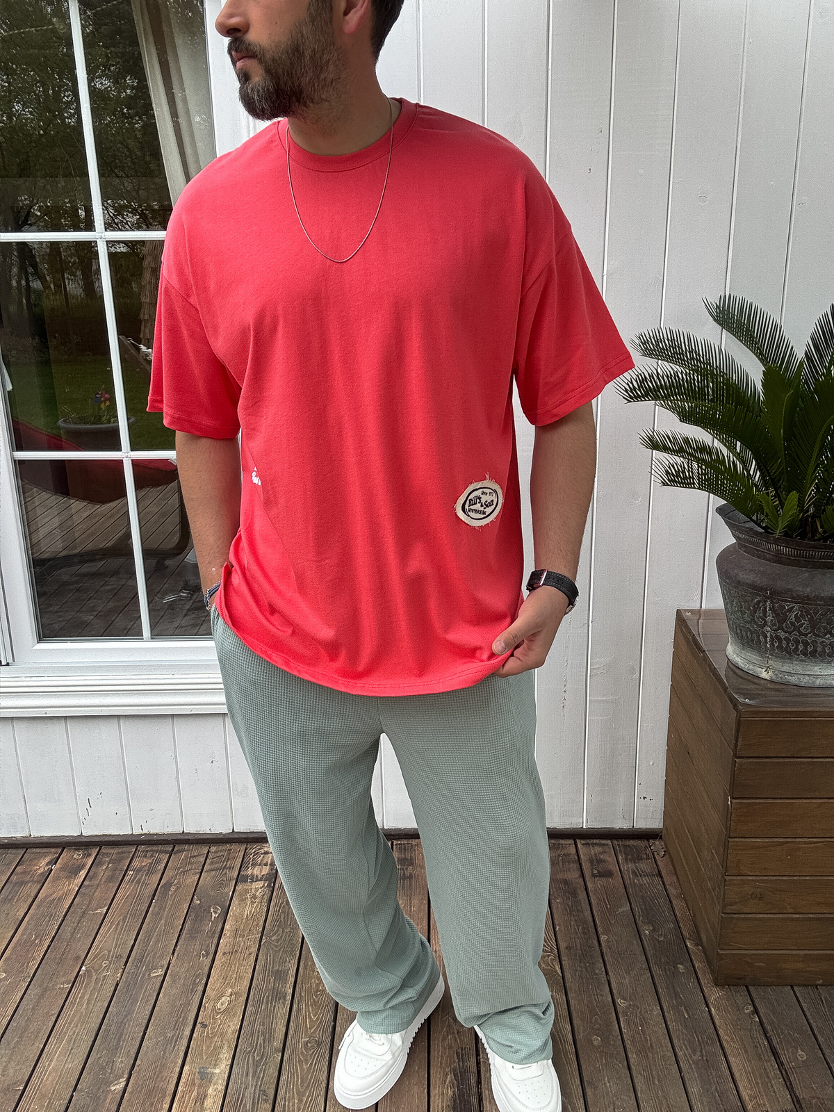 Nar Çiçeği Hasır Patchli Oversize T-Shirt JJ-11
