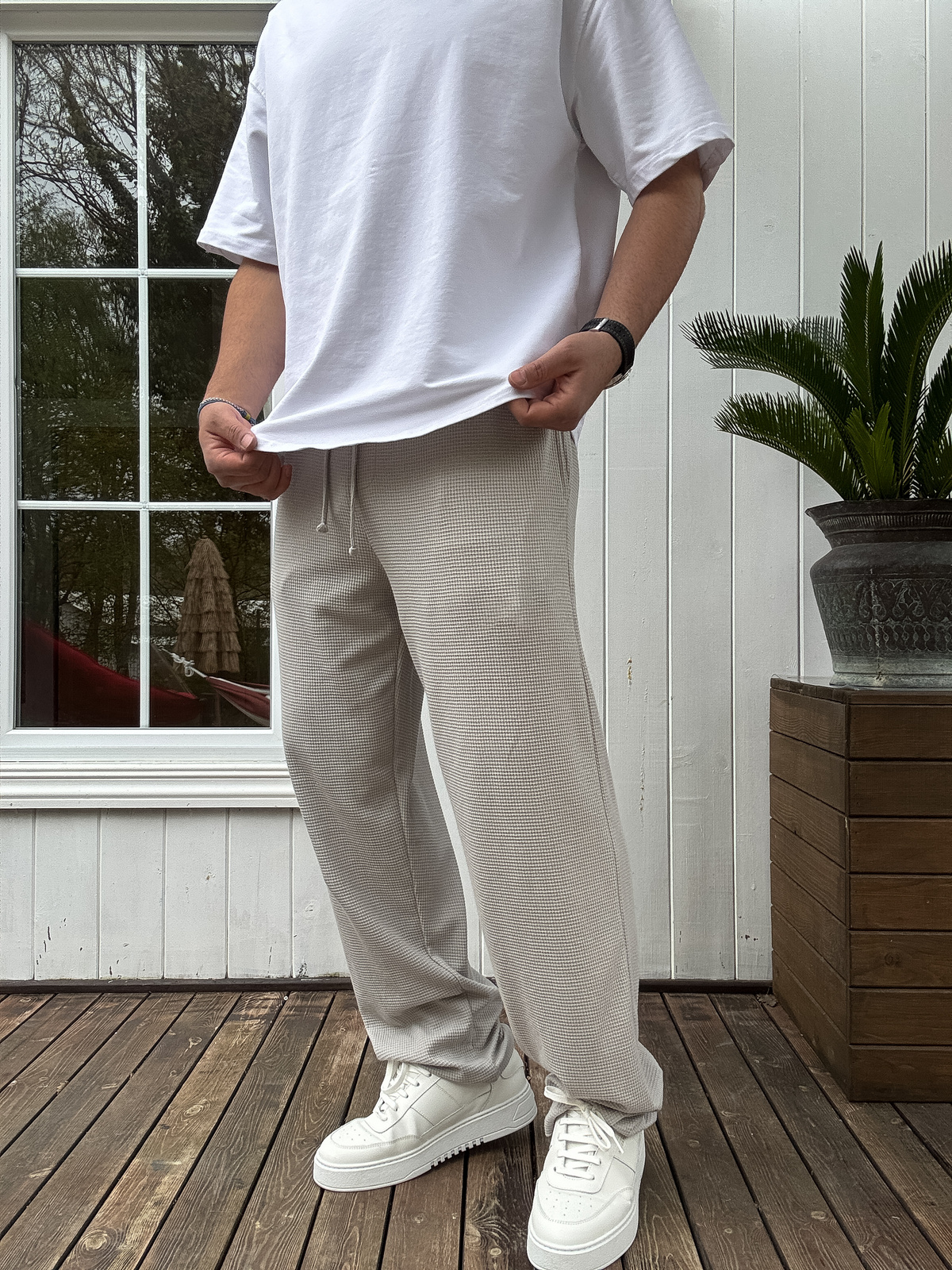 Gri Wafle Kumaş İnce Baggy Pantolon JJ-219