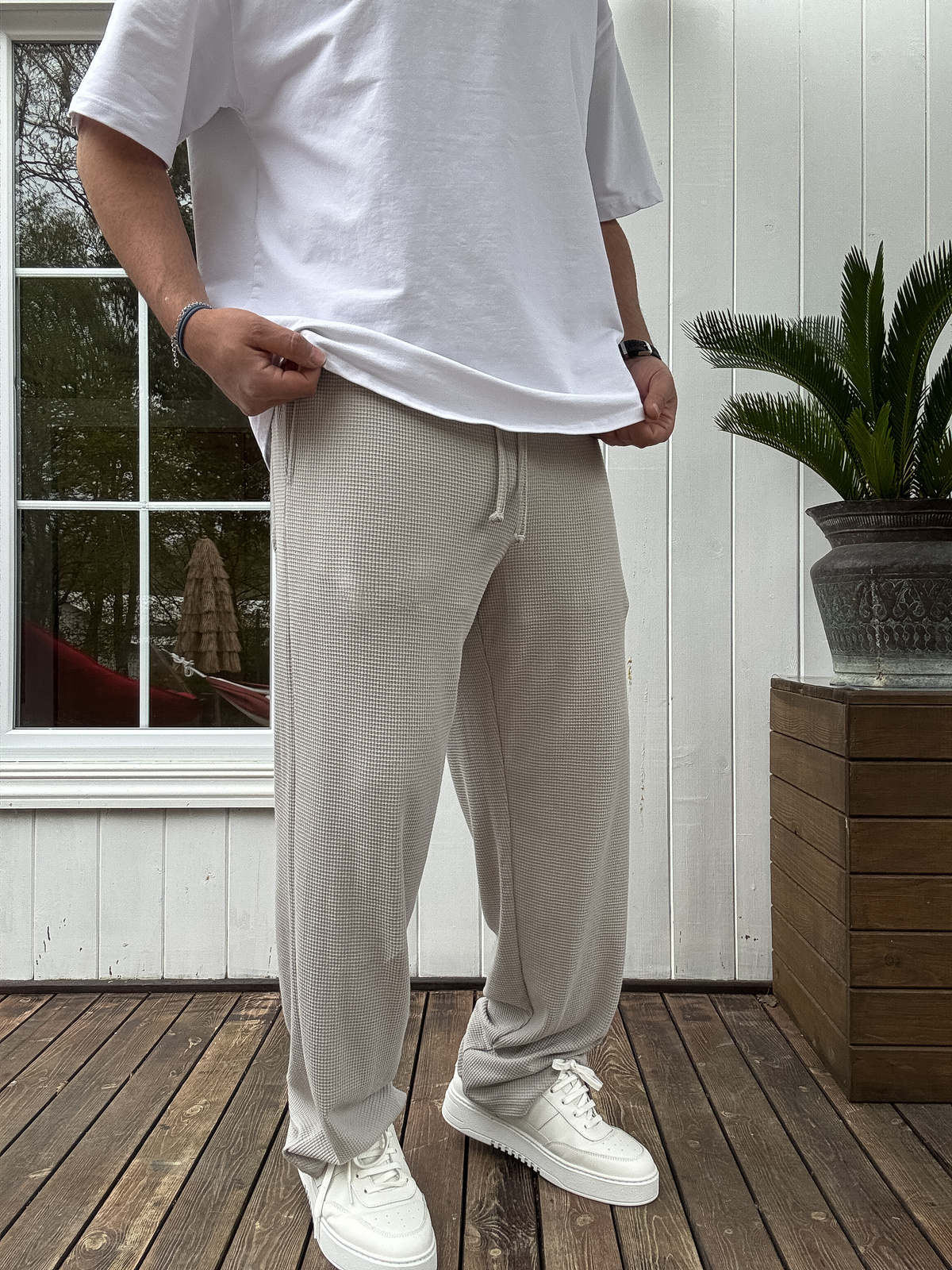 Gri Wafle Kumaş İnce Baggy Pantolon JJ-219