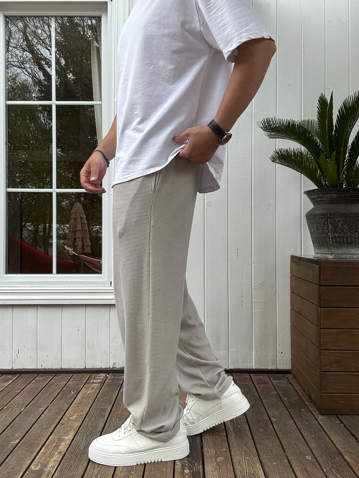 Gri Wafle Kumaş İnce Baggy Pantolon JJ-219