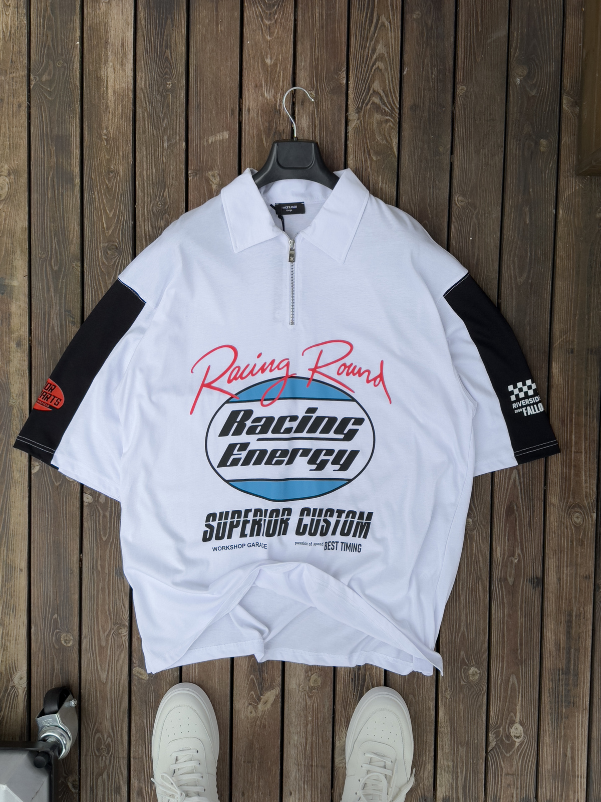 Beyaz Yarım Fermuarlı Racing Baskılı T-Shirt JJ-37