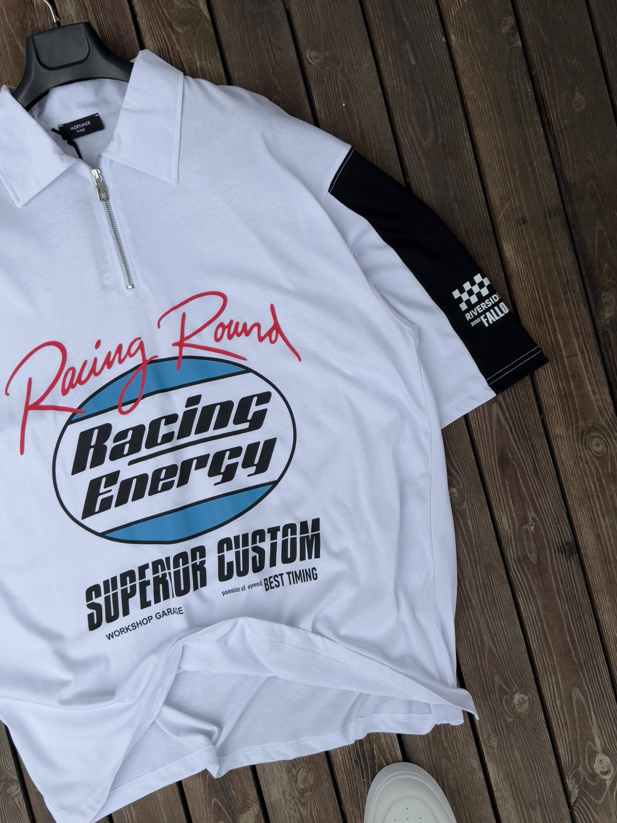 Beyaz Yarım Fermuarlı Racing Baskılı T-Shirt JJ-37