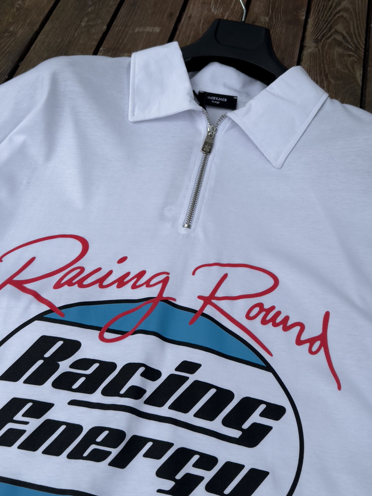Beyaz Yarım Fermuarlı Racing Baskılı T-Shirt JJ-37