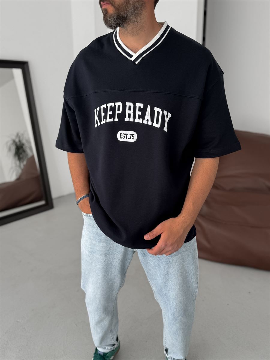 Lacivert Keep Ready V Yaka Oversize T-Shirt PM-061