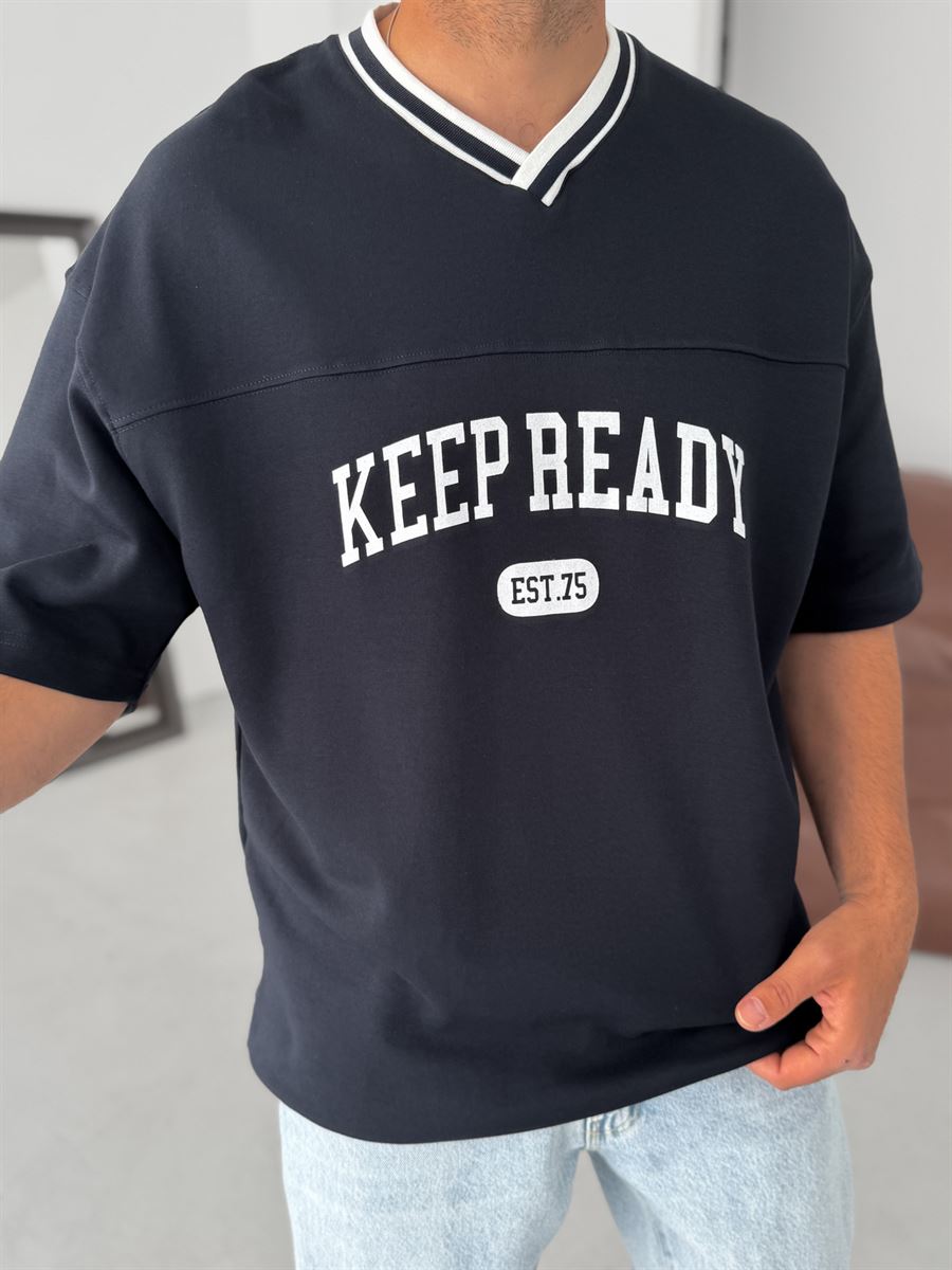 Lacivert Keep Ready V Yaka Oversize T-Shirt PM-061