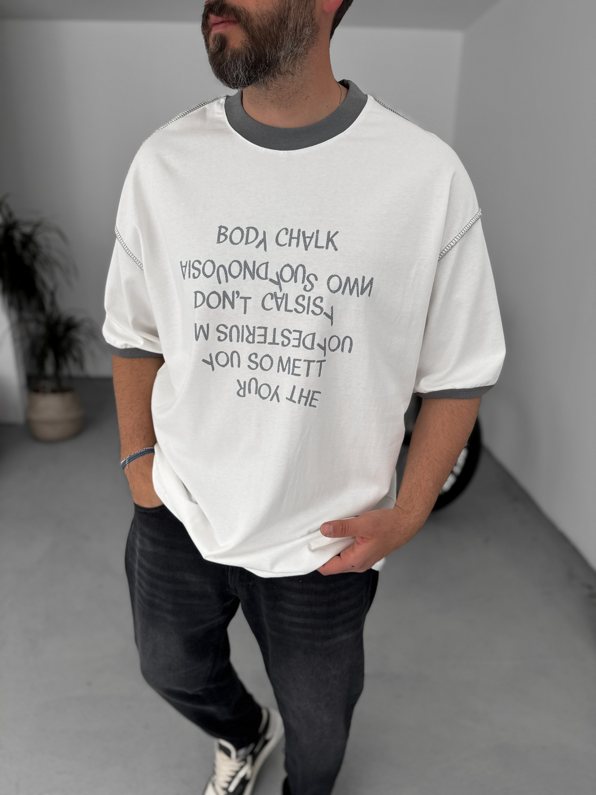 Füme Reverse Text Baskılı Oversize T-Shirt BS-003