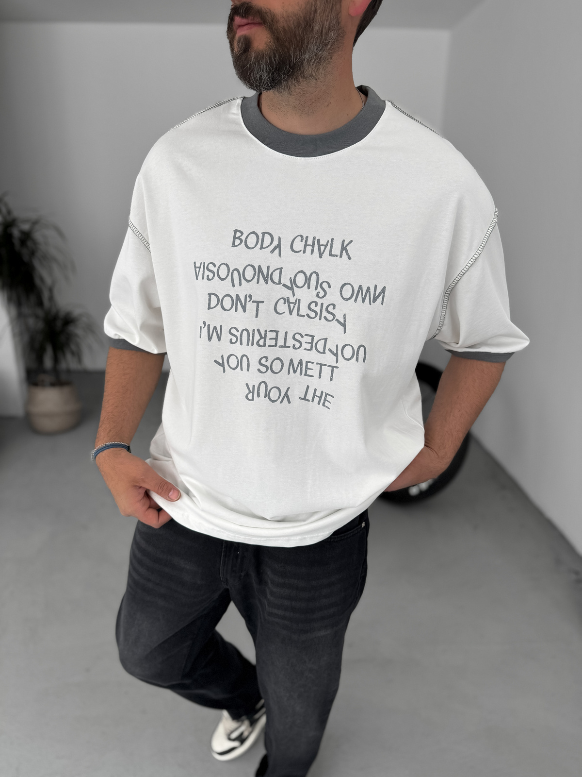 Füme Reverse Text Baskılı Oversize T-Shirt BS-003