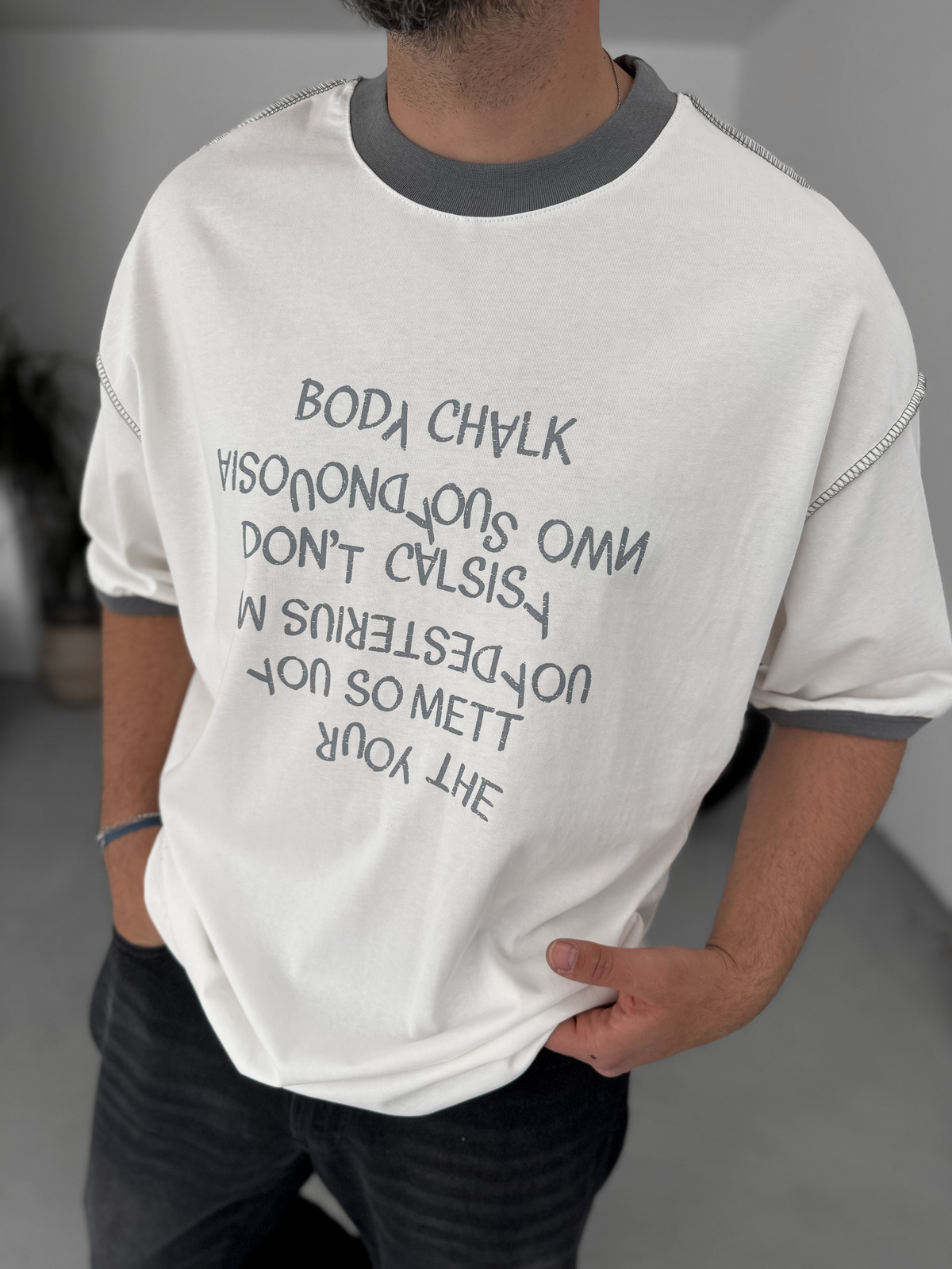 Füme Reverse Text Baskılı Oversize T-Shirt BS-003