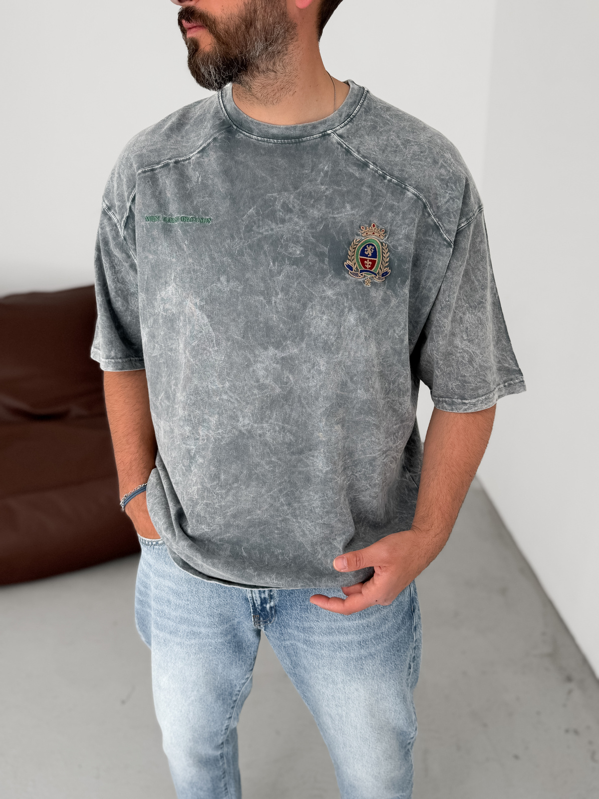 Gri Arma Nakışlı Yıkamalı Oversize T-Shirt JJ-307