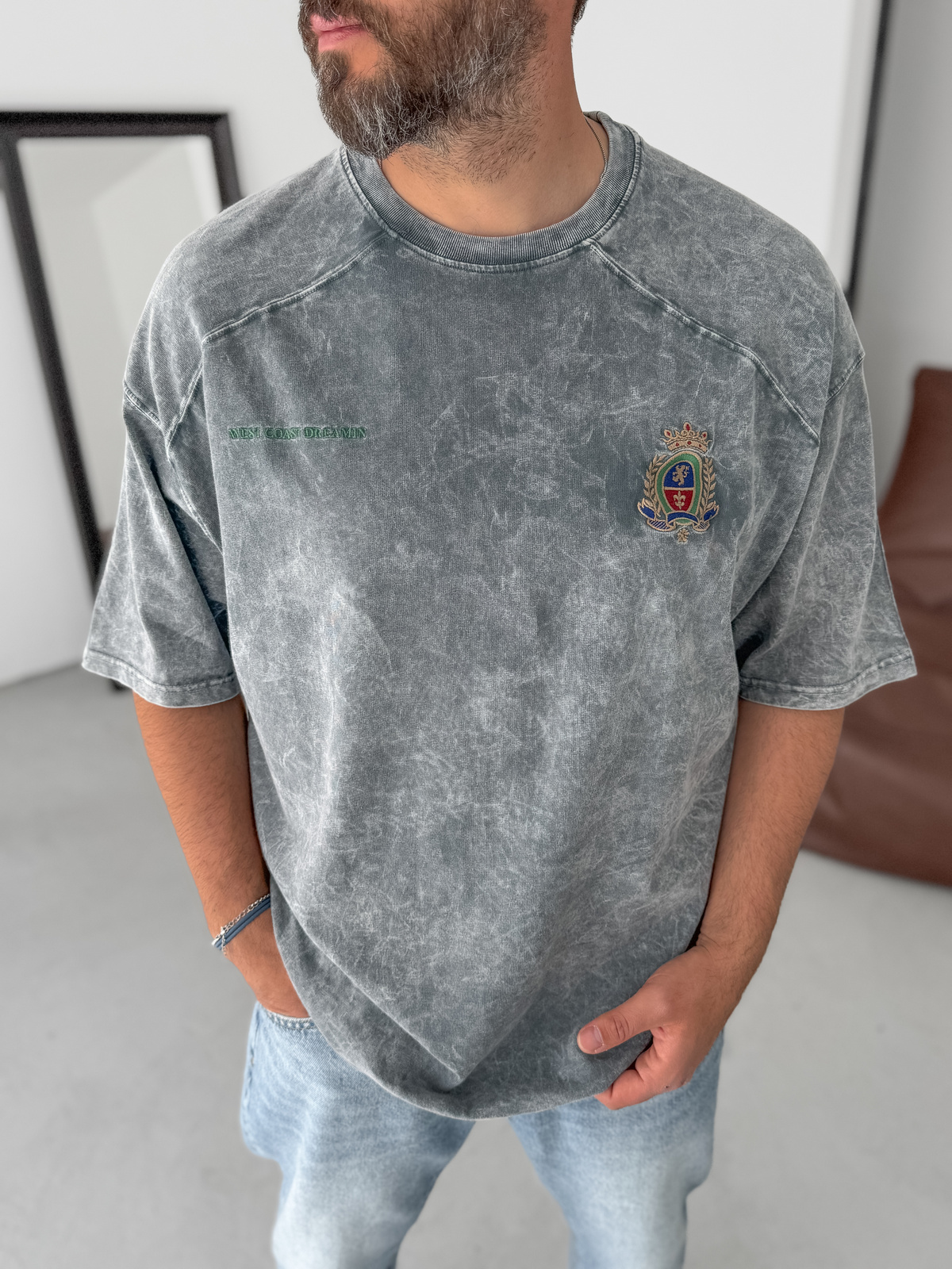 Gri Arma Nakışlı Yıkamalı Oversize T-Shirt JJ-307