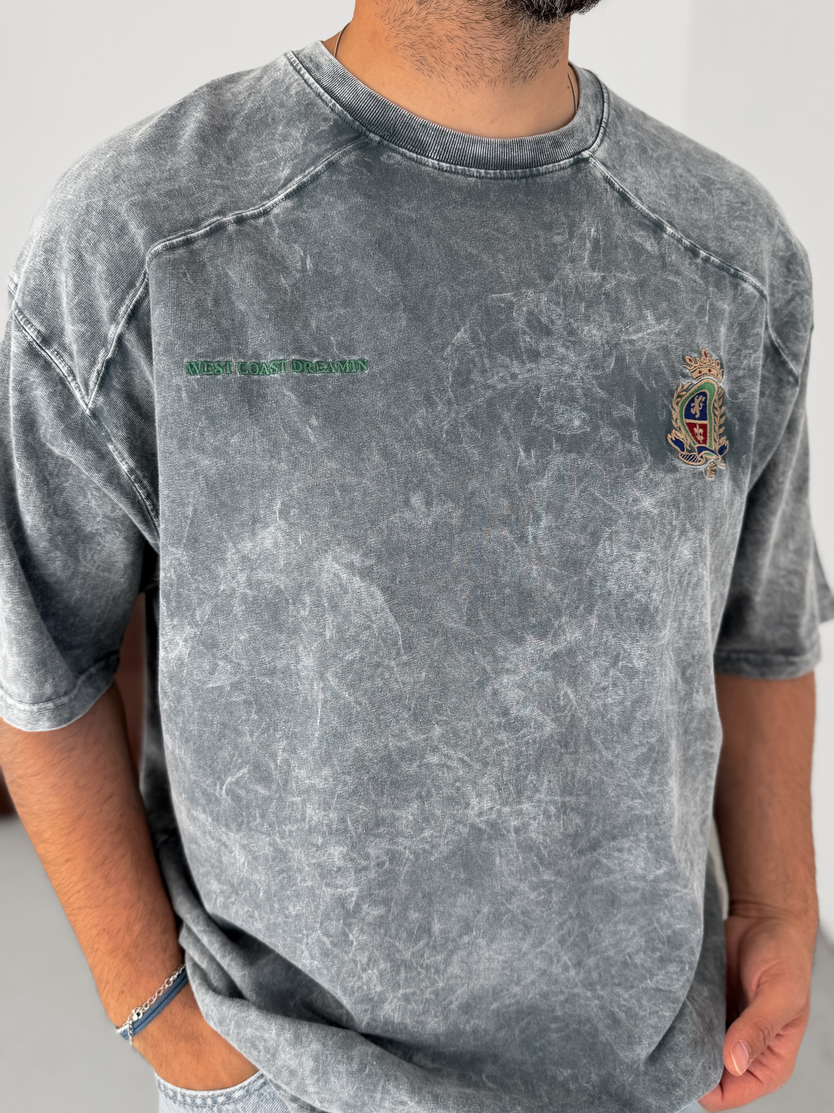 Gri Arma Nakışlı Yıkamalı Oversize T-Shirt JJ-307