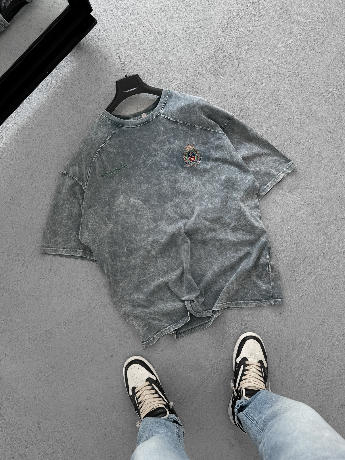 Gri Arma Nakışlı Yıkamalı Oversize T-Shirt JJ-307