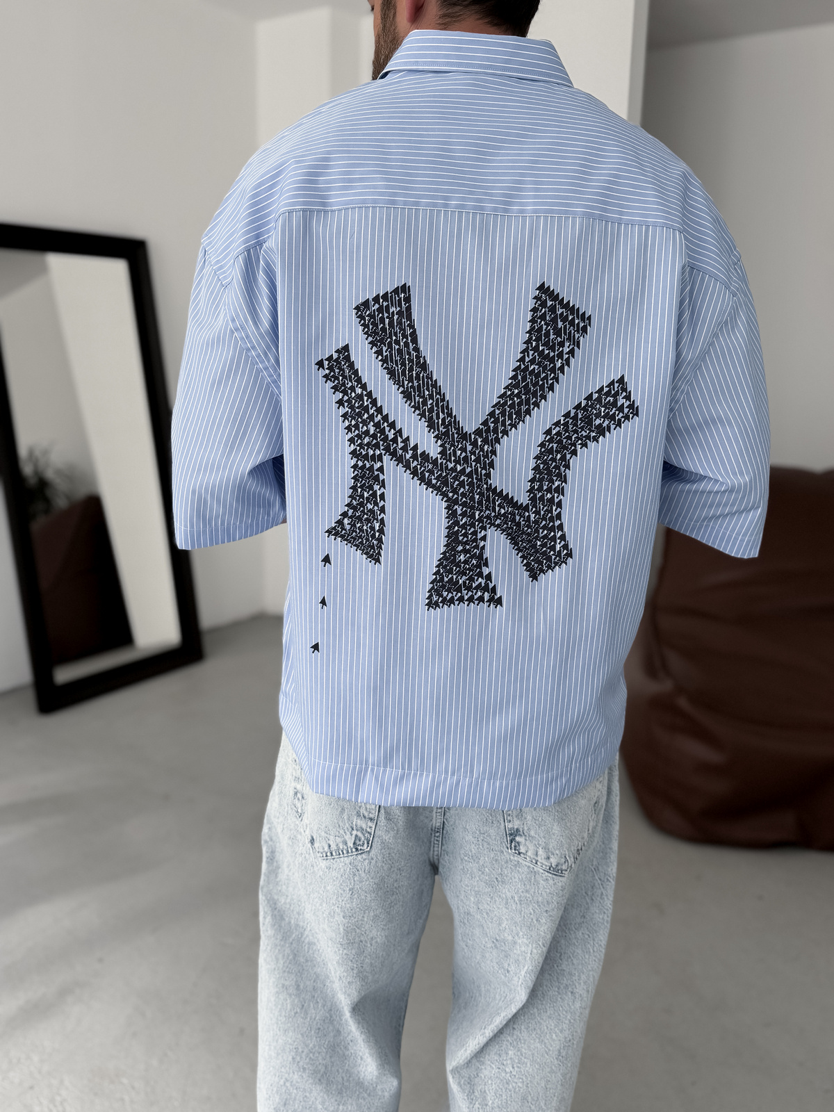 Mavi NY Çizgili Oversize Gömlek GJ-023