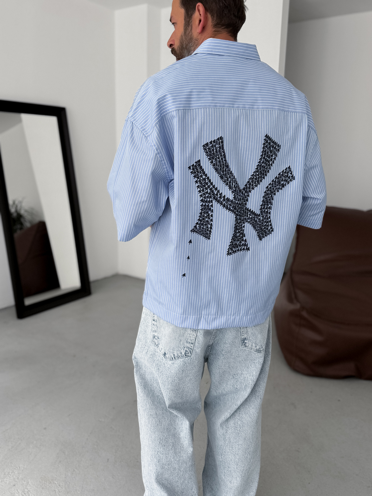 Mavi NY Çizgili Oversize Gömlek GJ-023