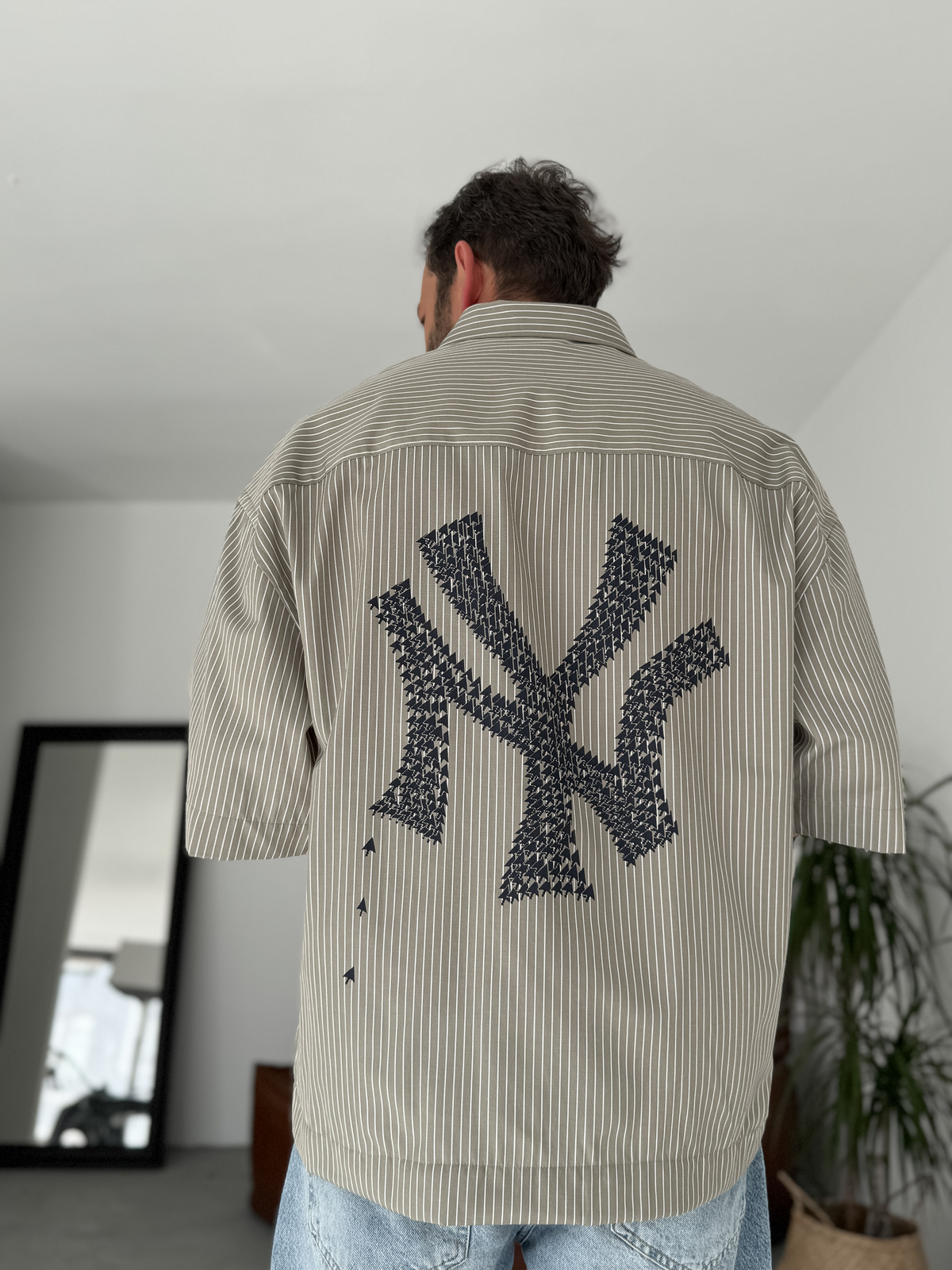 Açık Haki NY Çizgili Oversize Gömlek GJ-023