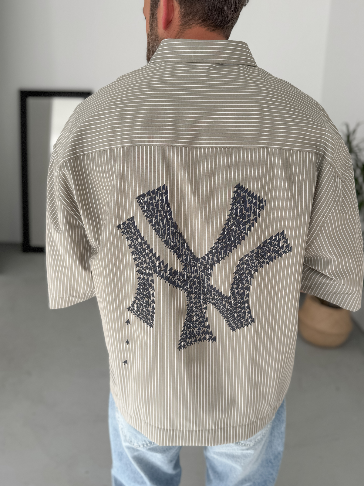 Açık Haki NY Çizgili Oversize Gömlek GJ-023