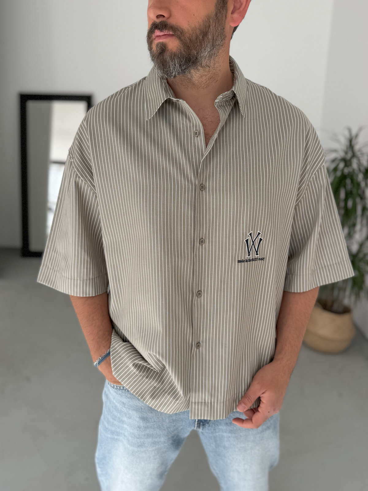 Açık Haki NY Çizgili Oversize Gömlek GJ-023