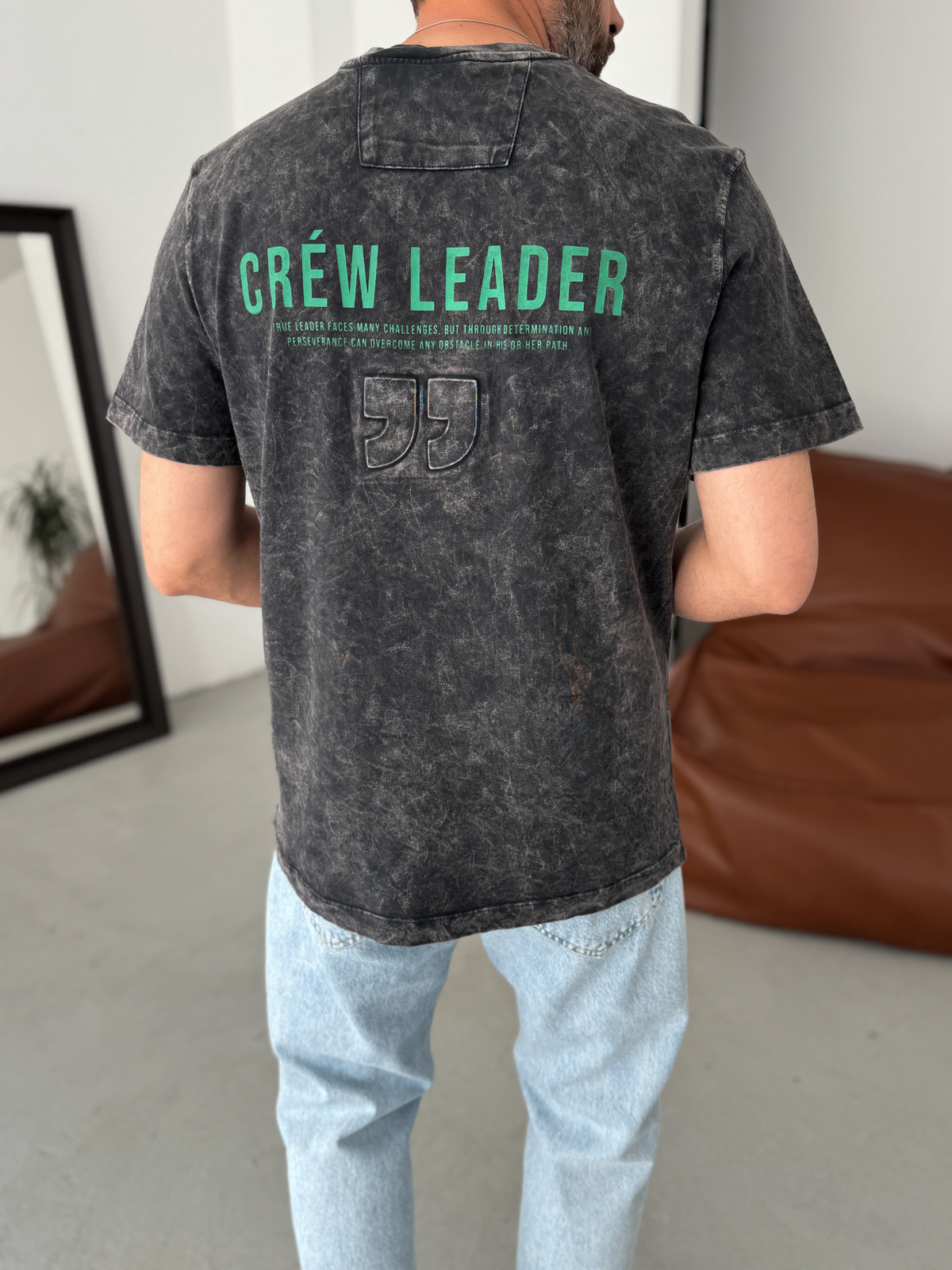 Siyah Yıkamalı Crew Baskılı Oversize T-Shirt YP-5039