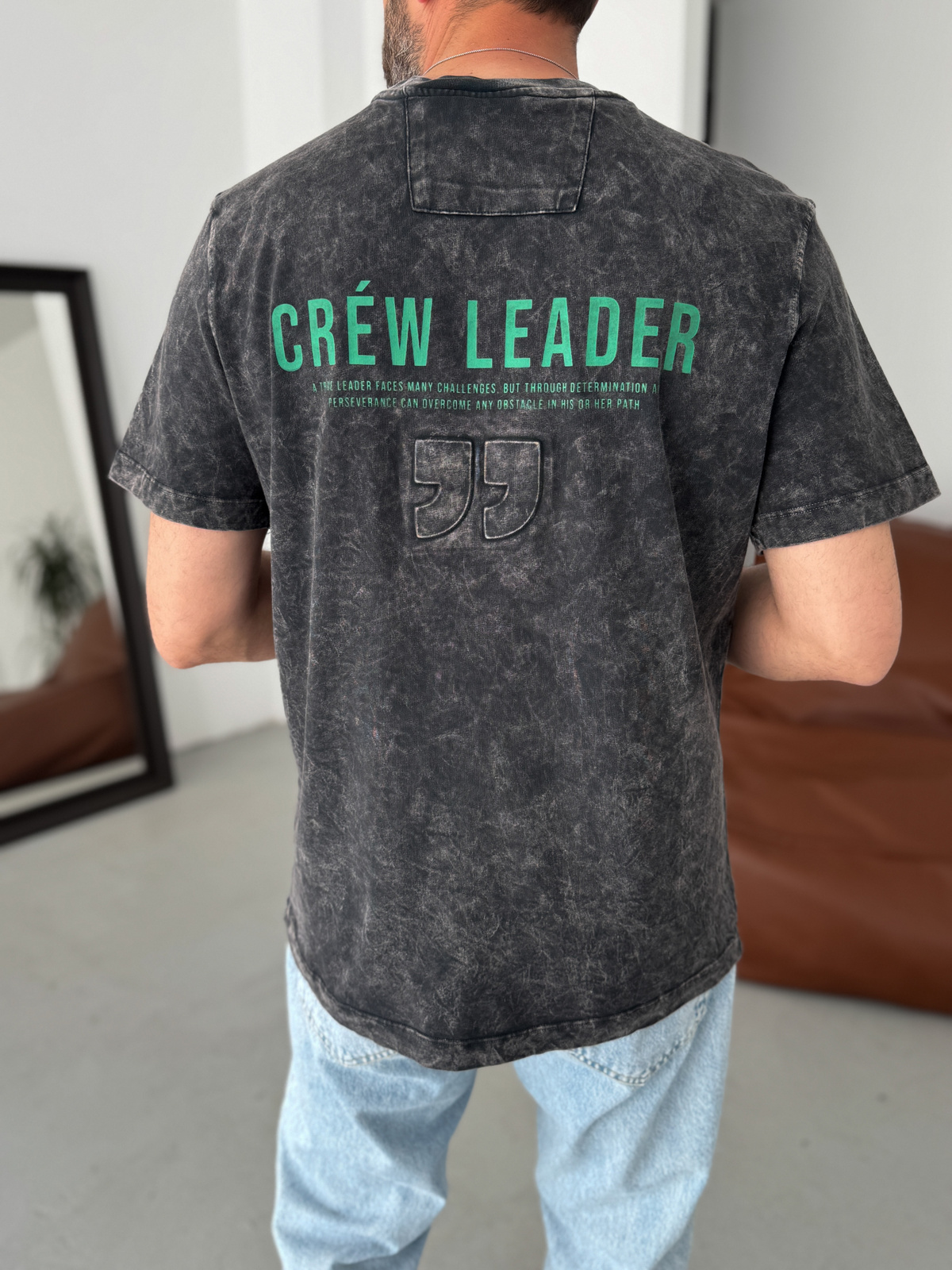 Siyah Yıkamalı Crew Baskılı Oversize T-Shirt YP-5039