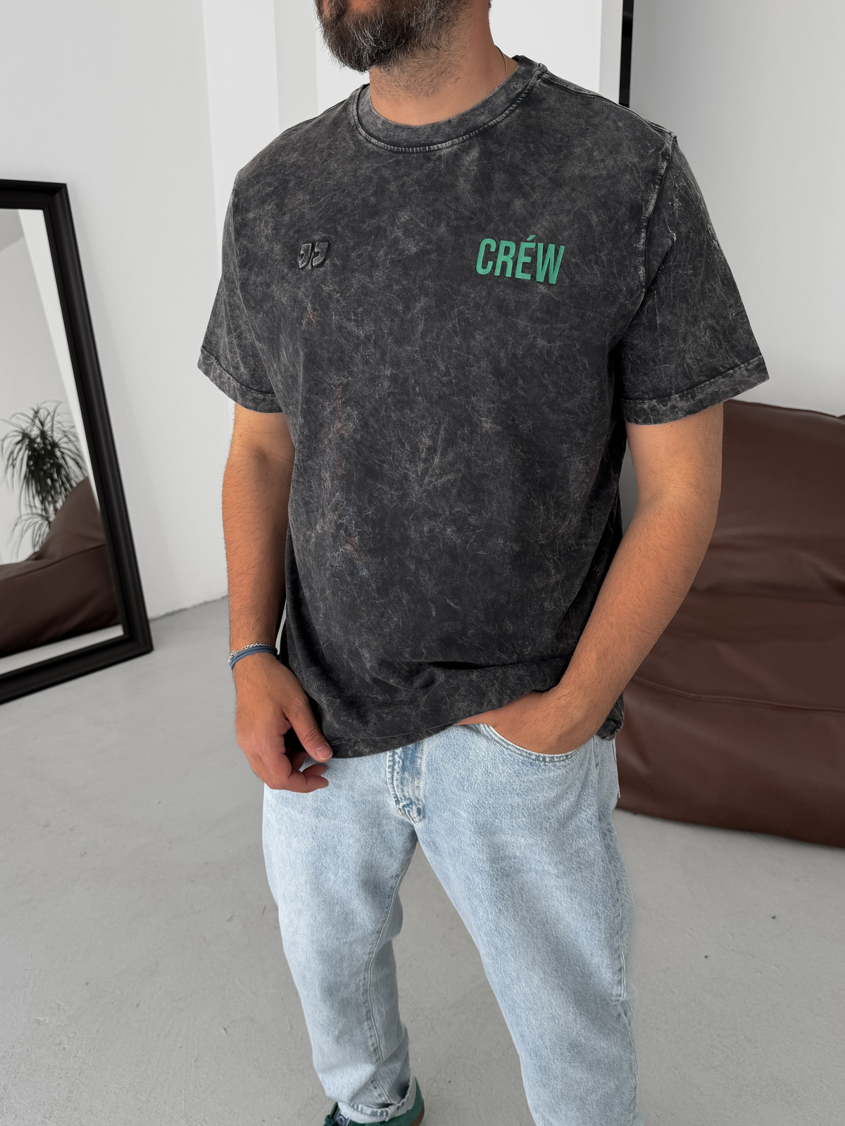 Siyah Yıkamalı Crew Baskılı Oversize T-Shirt YP-5039