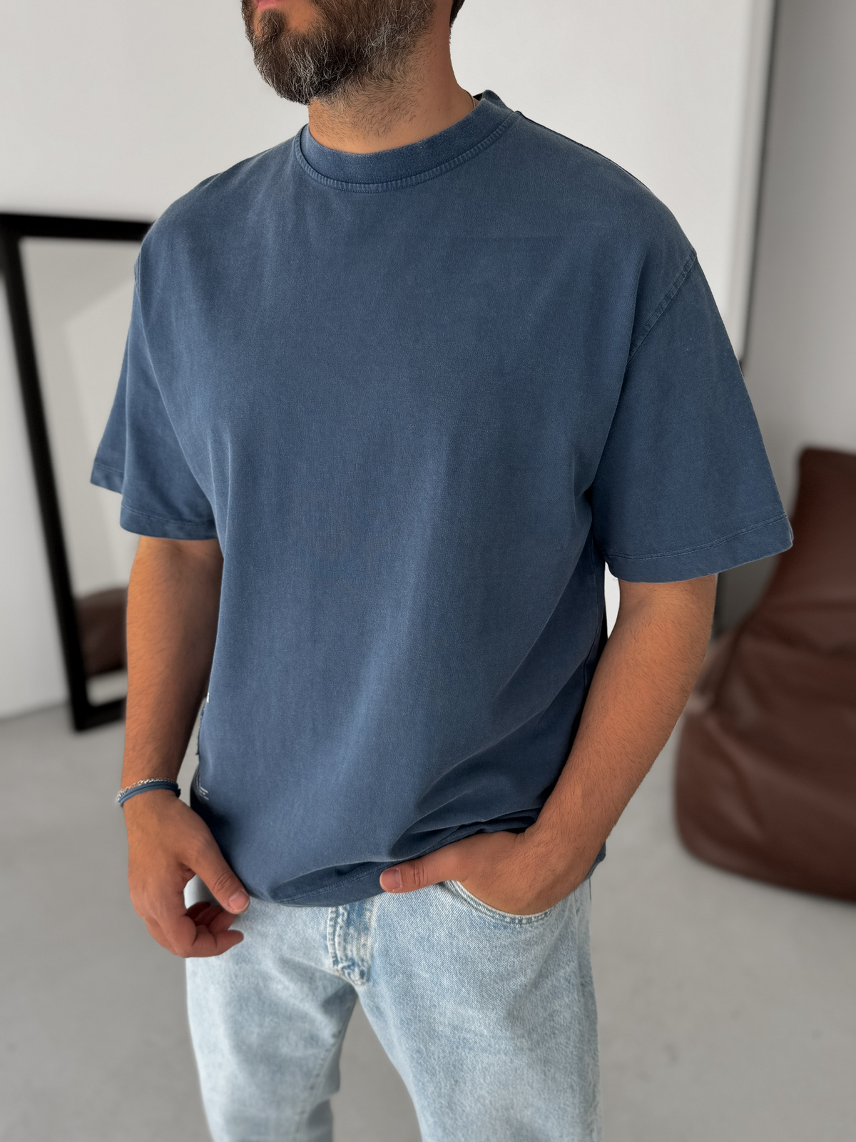 Lacivert Sırt Parça Yazılı Oversize T-Shirt YP-5058
