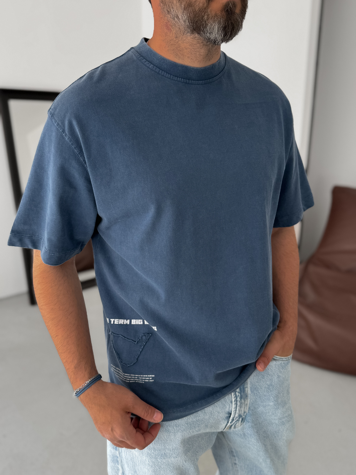 Lacivert Sırt Parça Yazılı Oversize T-Shirt YP-5058
