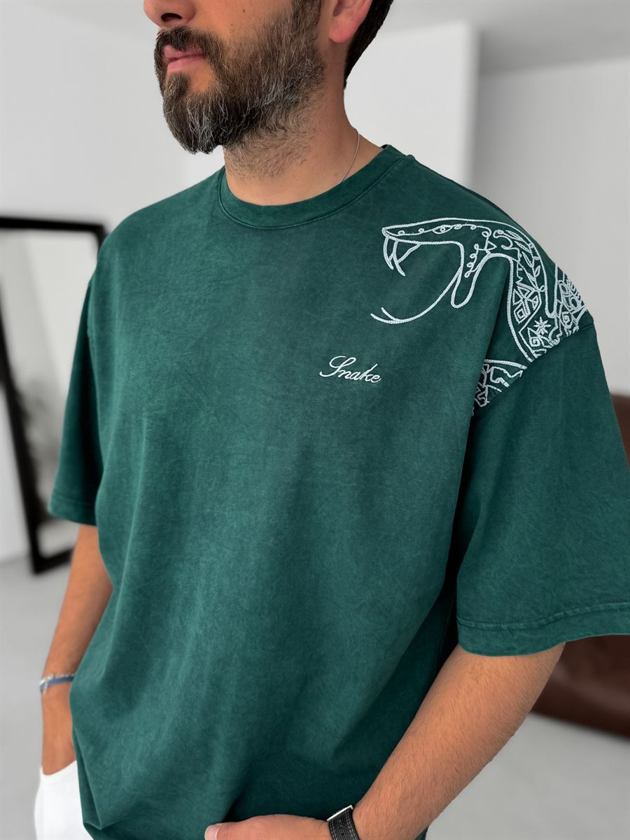 Koyu Yeşil Yıkamalı Snake Baskılı Oversize T-Shirt RES-5247