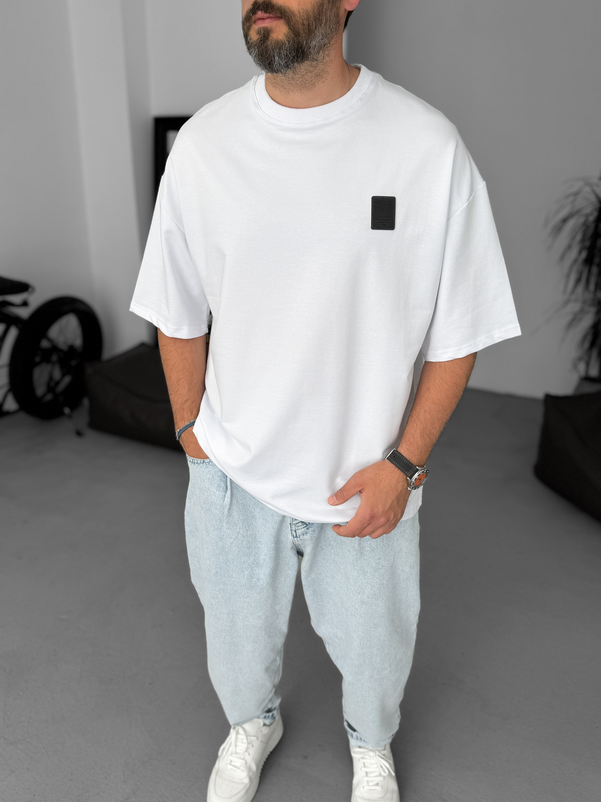 Beyaz W Detaylı Oversize T-Shirt BY-069