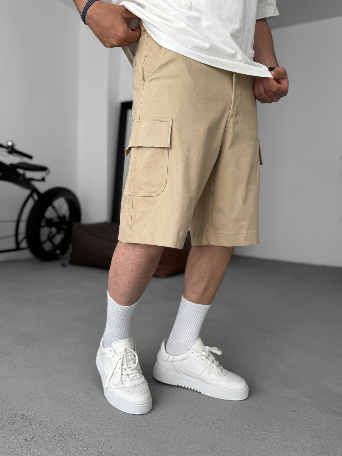 Bej Likralı Gabardin Kargo Şort PM-018