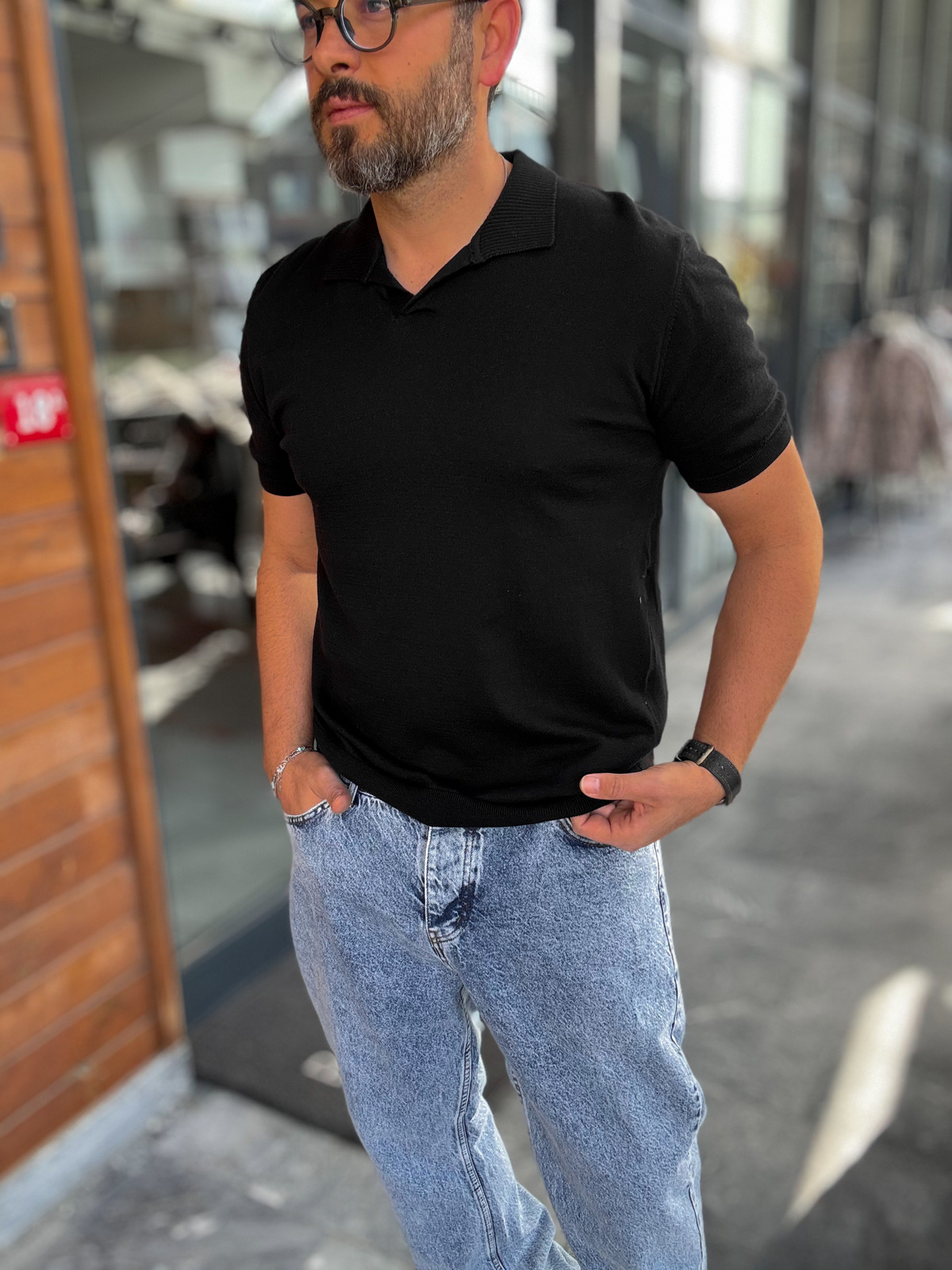 Siyah Basic Polo Yaka Triko T-Shirt G-17190