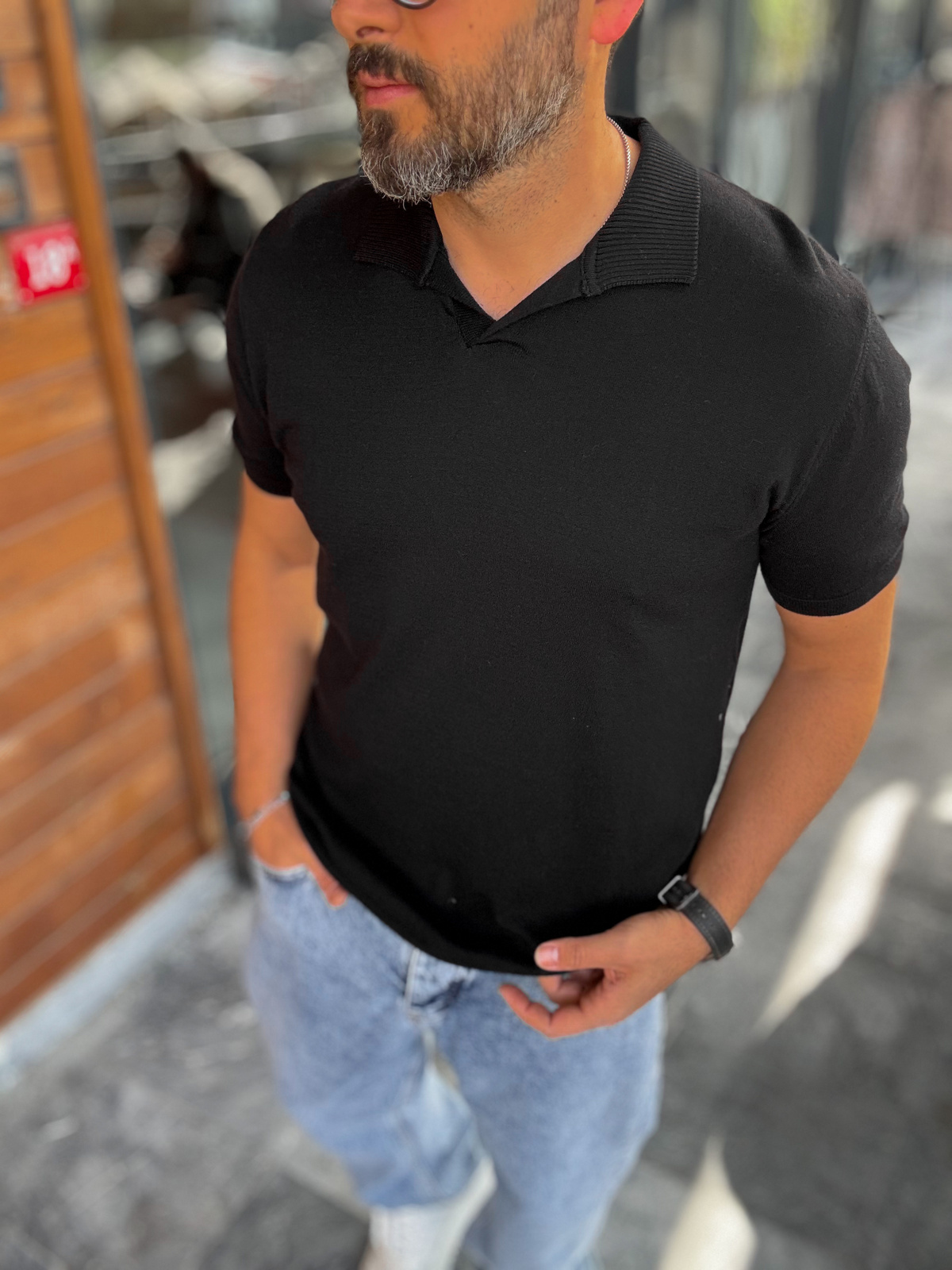 Siyah Basic Polo Yaka Triko T-Shirt G-17190