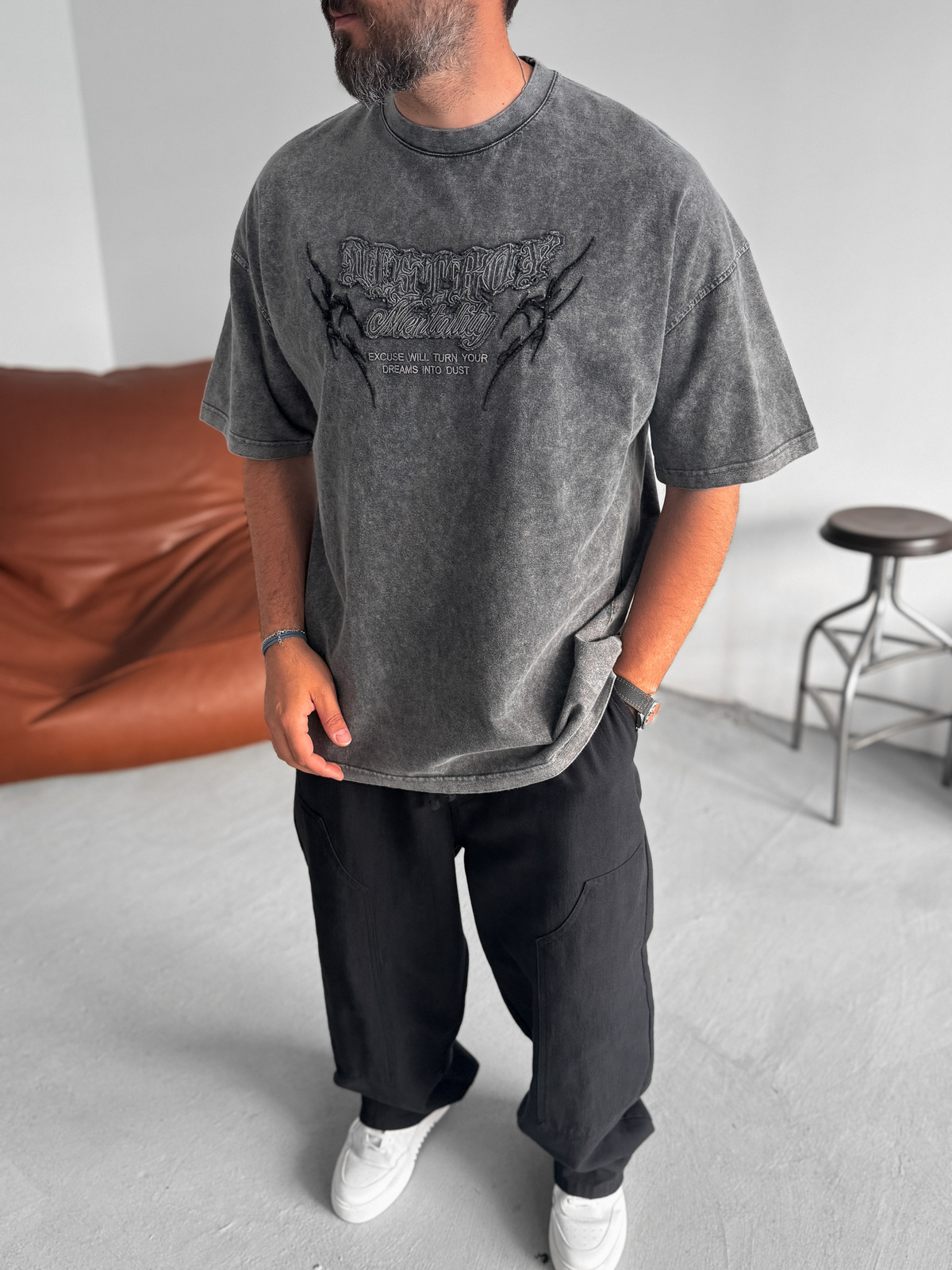 Antrasit Mentality Yıkamalı Oversize T-Shirt JJ-159
