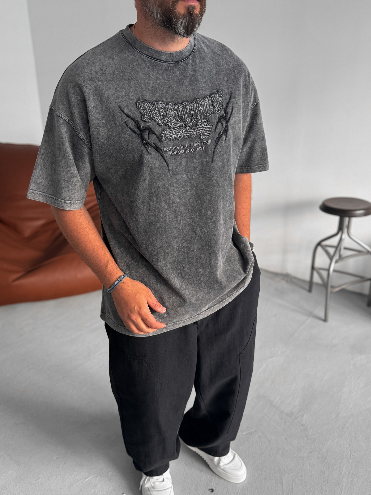 Antrasit Mentality Yıkamalı Oversize T-Shirt JJ-159