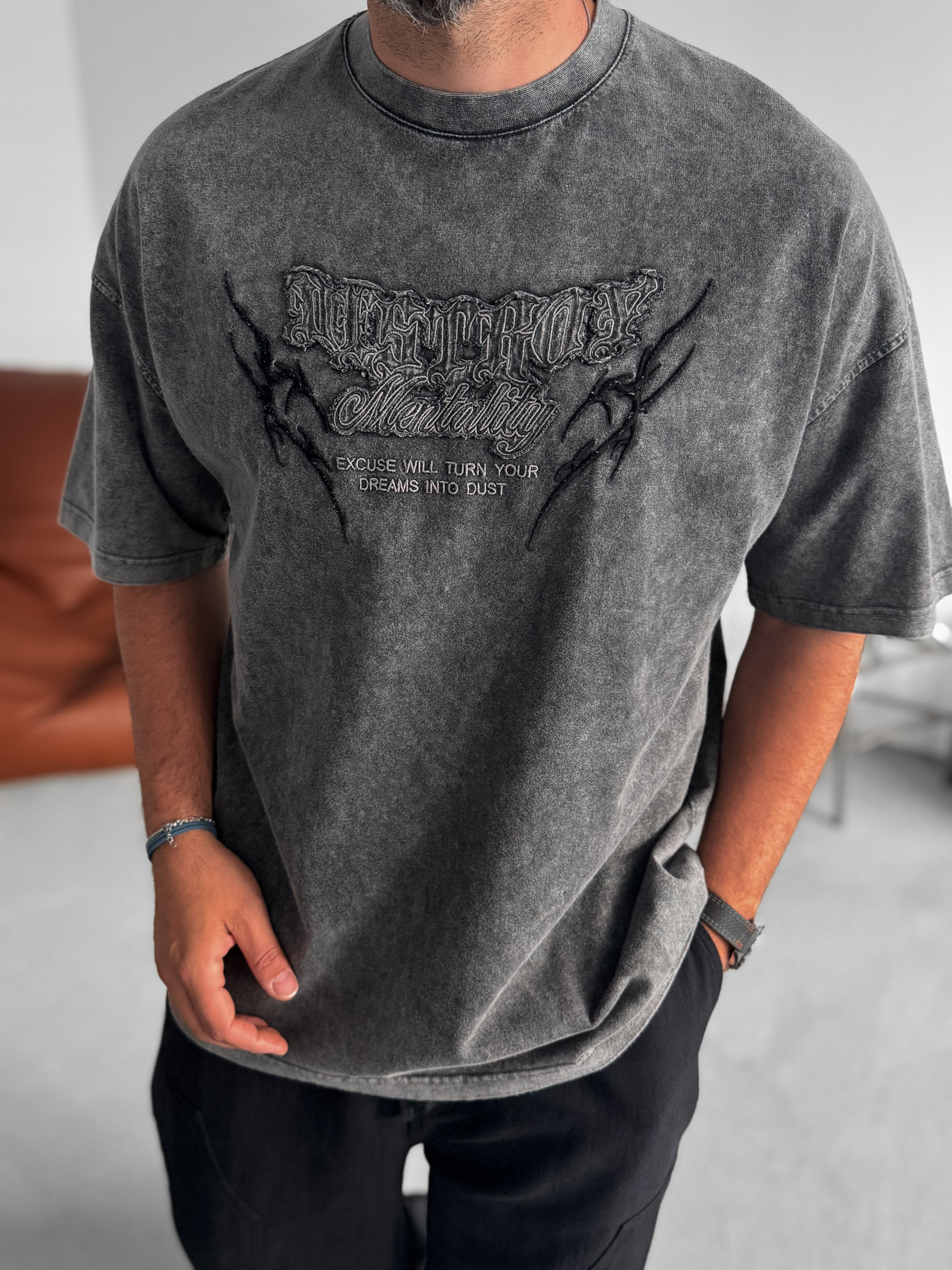 Antrasit Mentality Yıkamalı Oversize T-Shirt JJ-159
