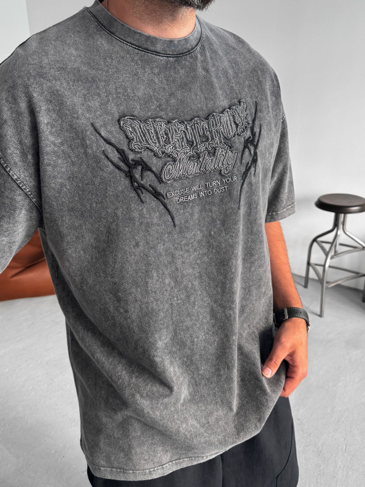 Antrasit Mentality Yıkamalı Oversize T-Shirt JJ-159