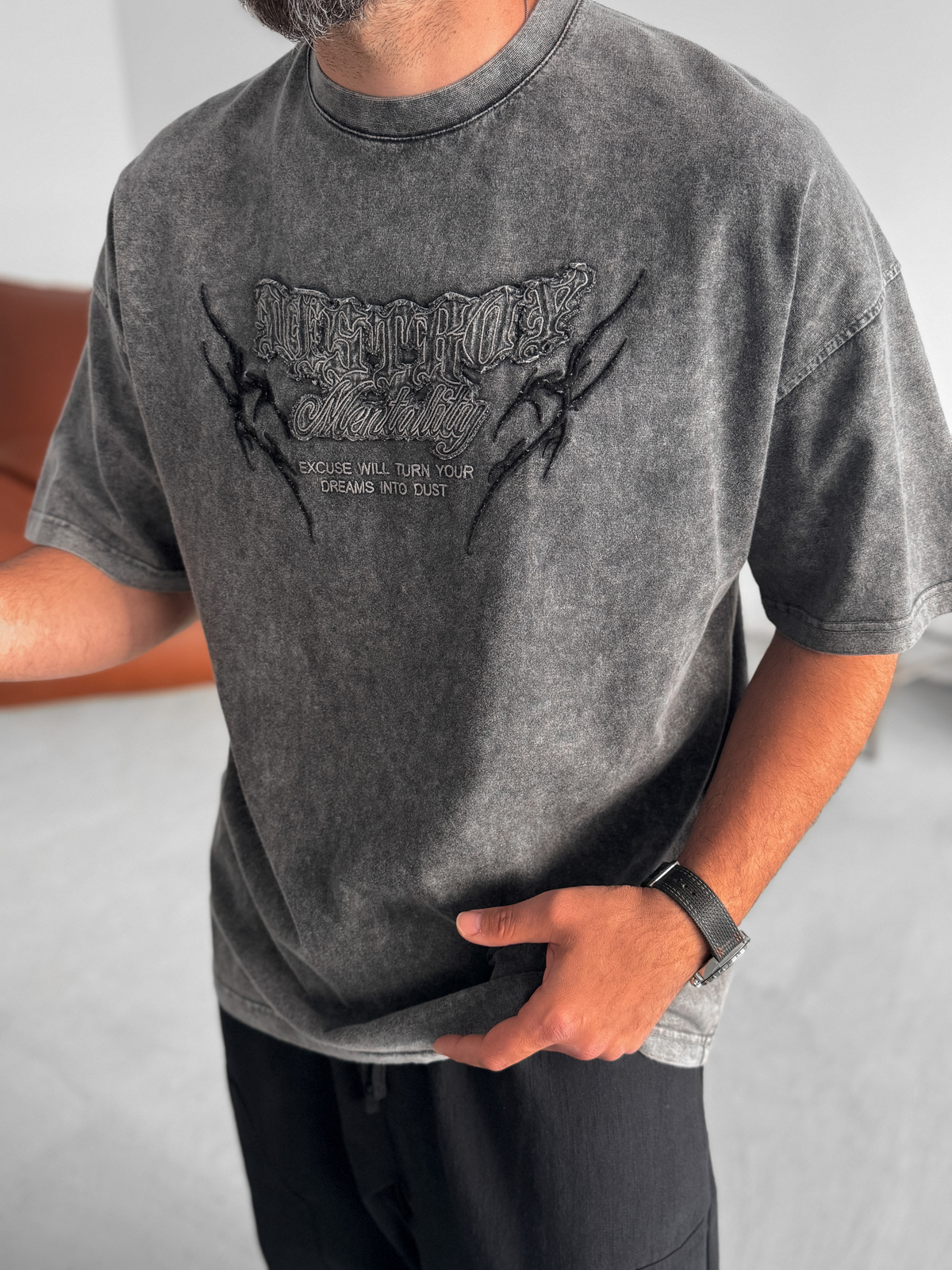 Antrasit Mentality Yıkamalı Oversize T-Shirt JJ-159