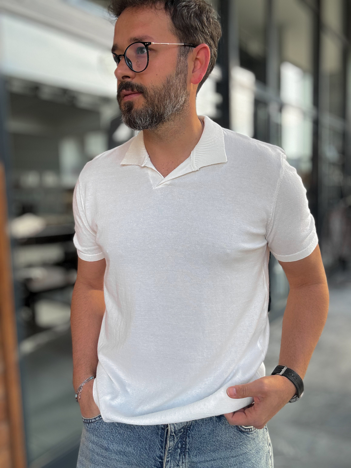 Beyaz Basic Polo Yaka Triko T-Shirt G-17190