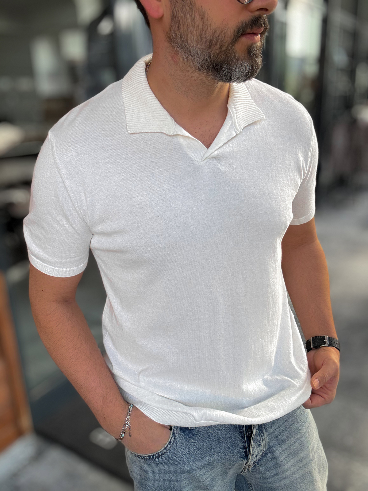 Beyaz Basic Polo Yaka Triko T-Shirt G-17190