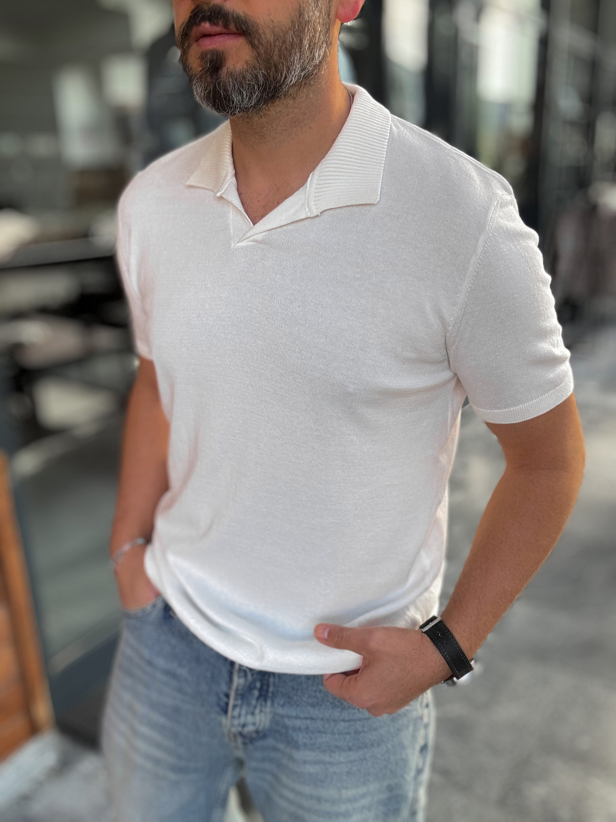Beyaz Basic Polo Yaka Triko T-Shirt G-17190