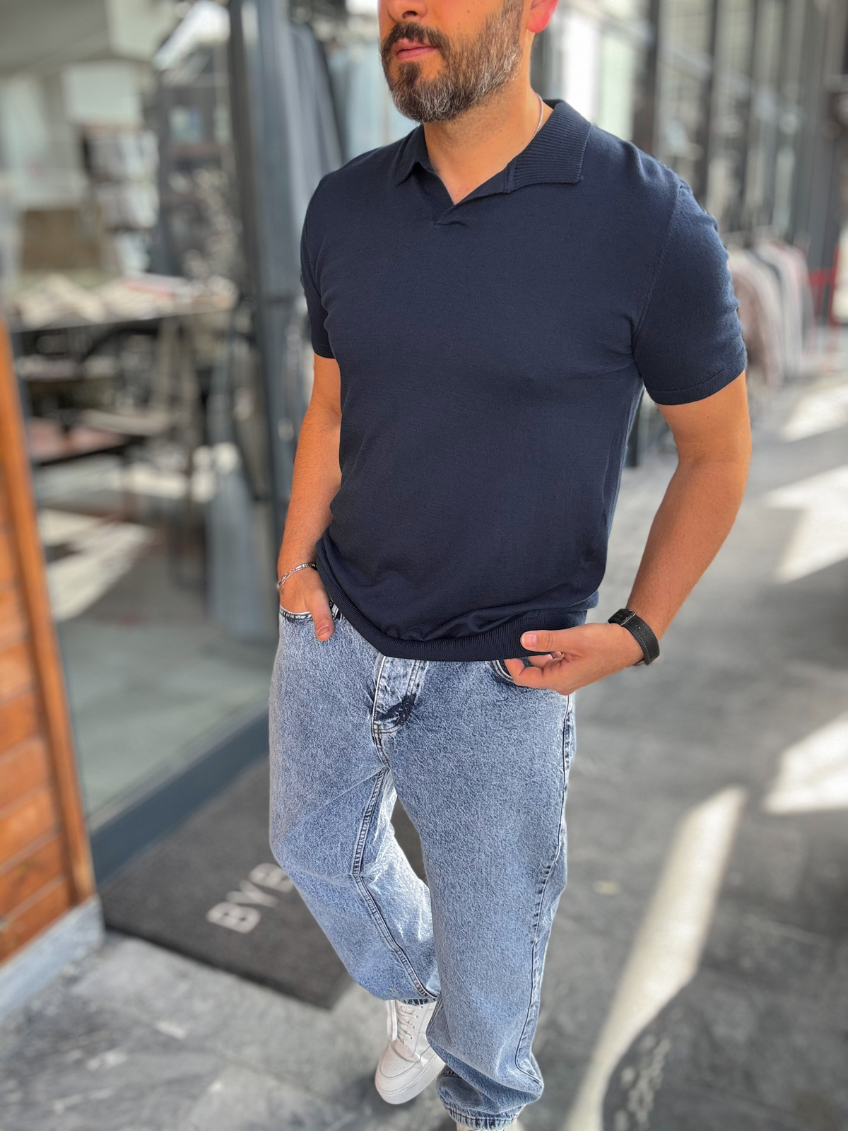 Lacivert Basic Polo Yaka Triko T-Shirt G-17190