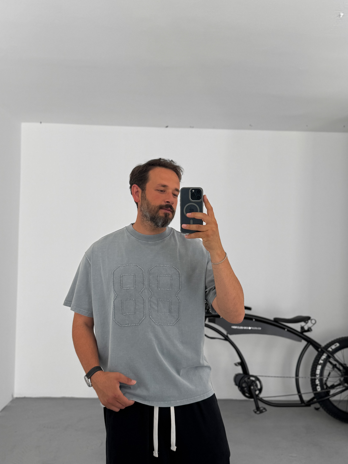 Gri 88 Patchli Yıkamalı T-Shirt C-1771