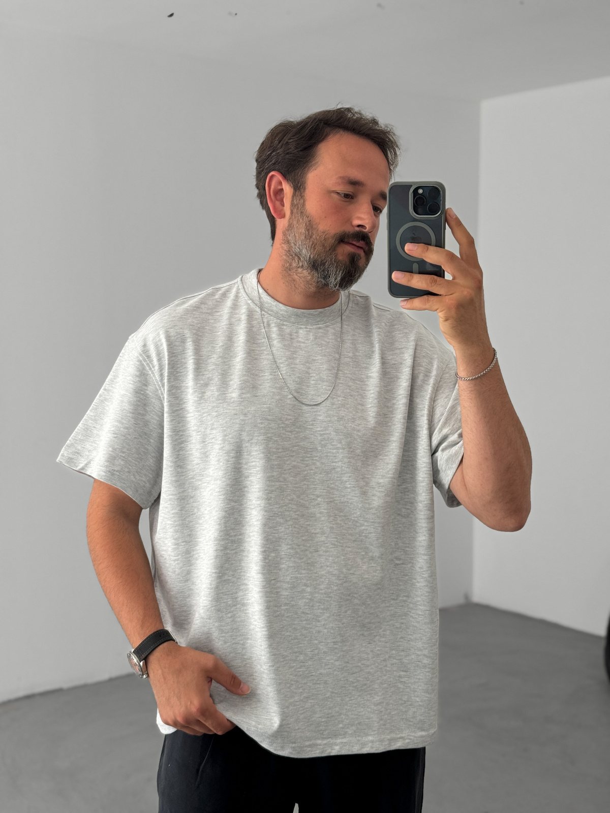 Açık Gri Basic Kalın Kumaş T-Shirt C-1212